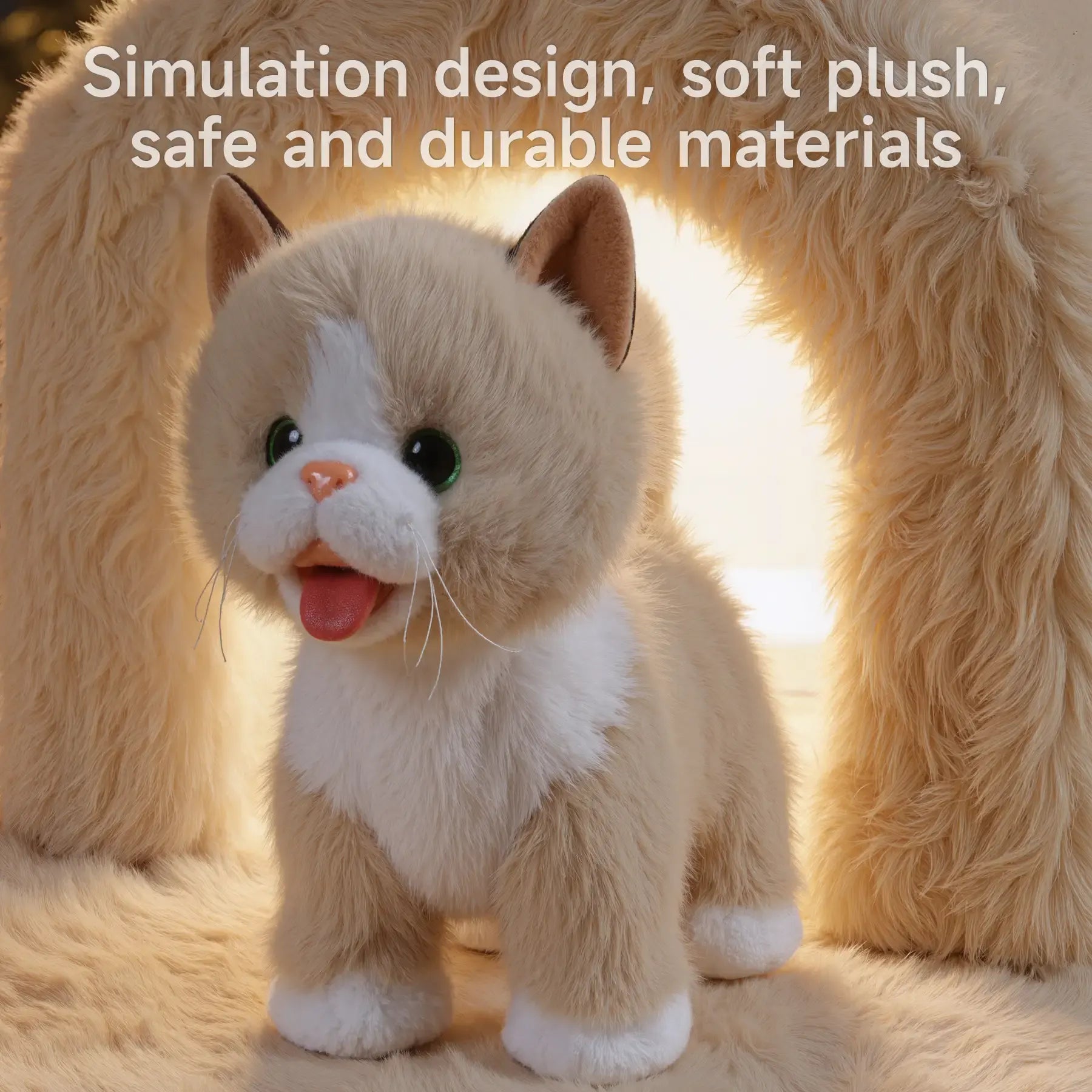 A close-up of an interactive plush cat toy with lifelike details, including soft fur, realistic eyes, and a playful tongue. The background highlights its cozy and cuddly design.