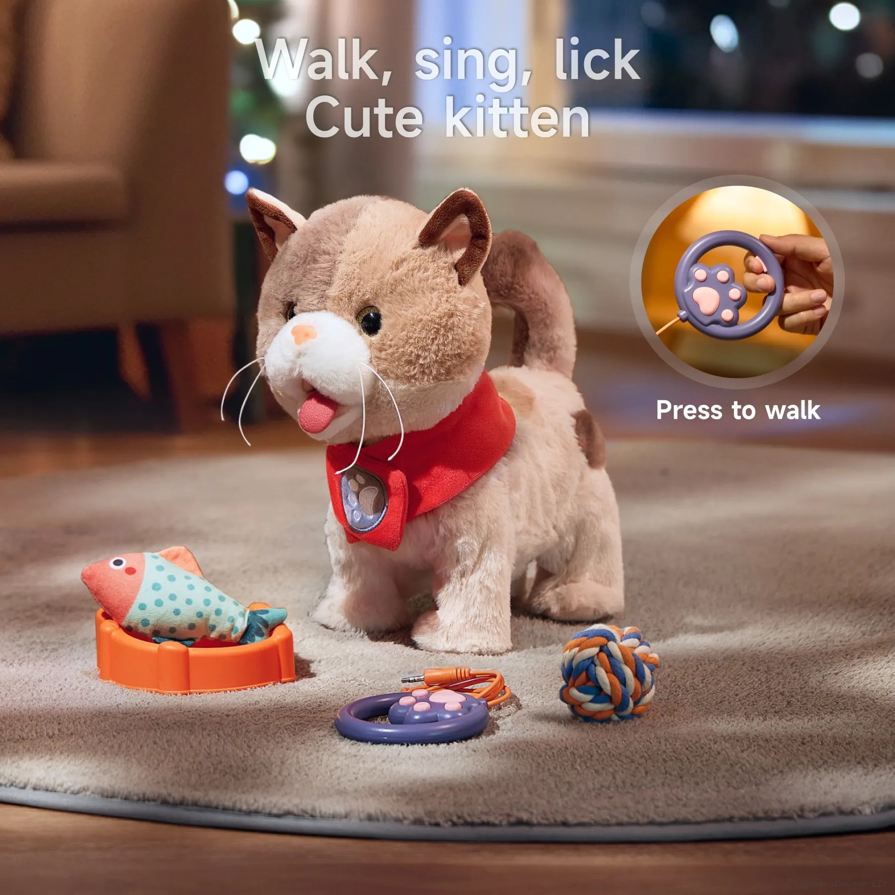 Interactive toy kitten wearing a red scarf, standing on a rug with accessories: food bowl with a toy fish, rope ball, and paw-shaped leash remote. The kitten walks, sings, and licks, providing lifelike and playful interactions.