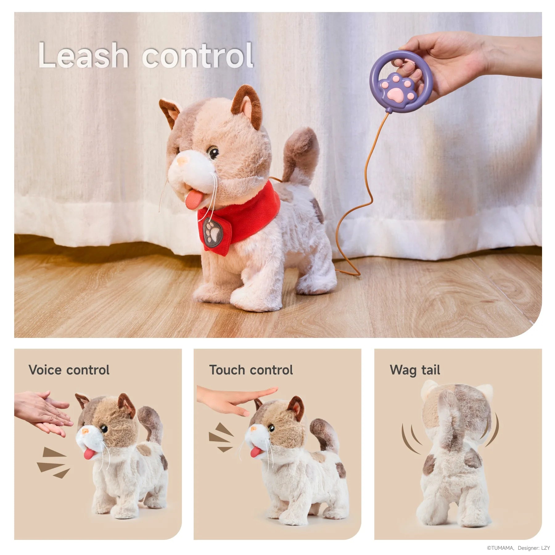 Interactive toy kitten with leash control and responsive features. The image shows the kitten reacting to voice and touch commands, wagging its tail, and being guided using the paw-shaped leash remote.