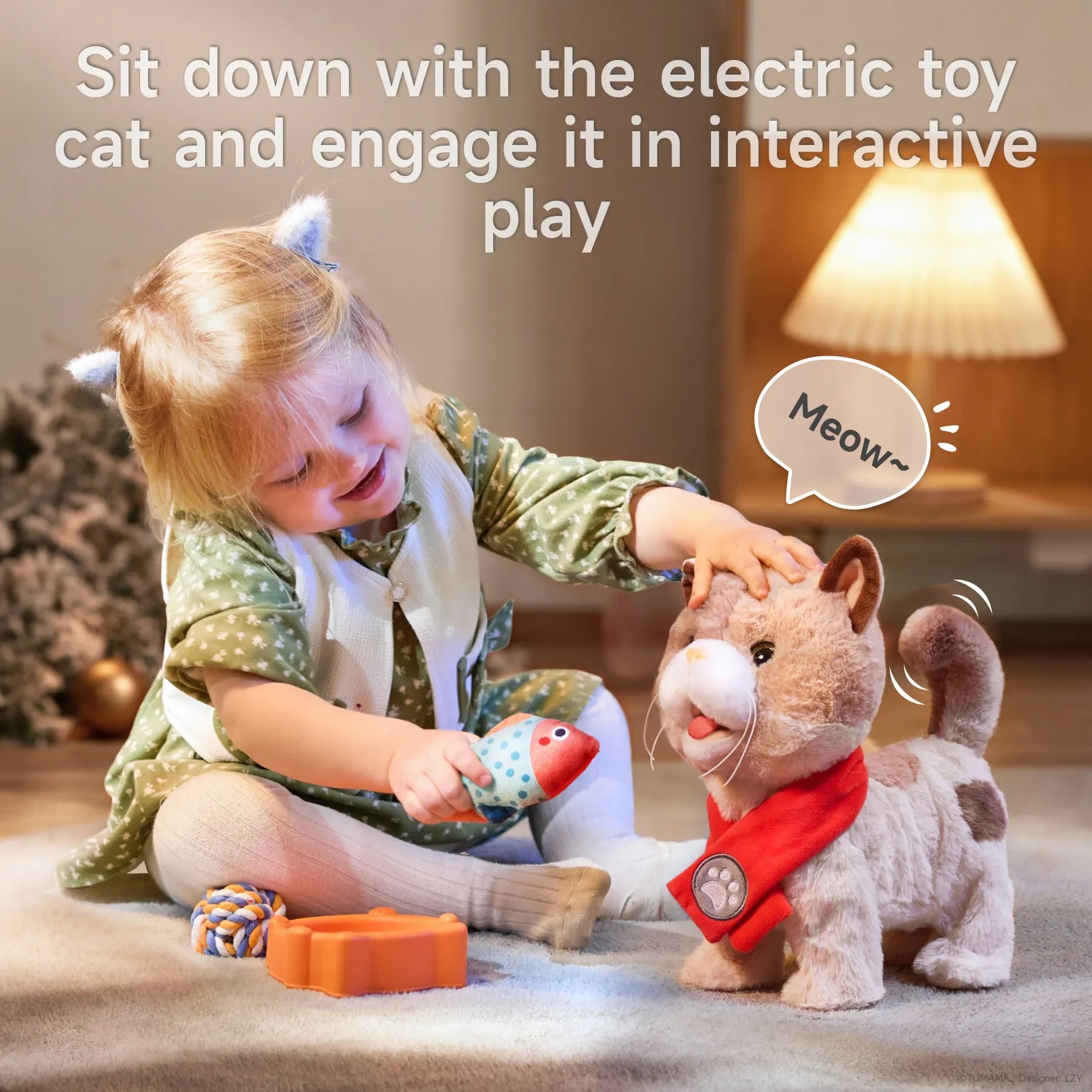 A young girl playing with an interactive toy cat, petting its head as it makes