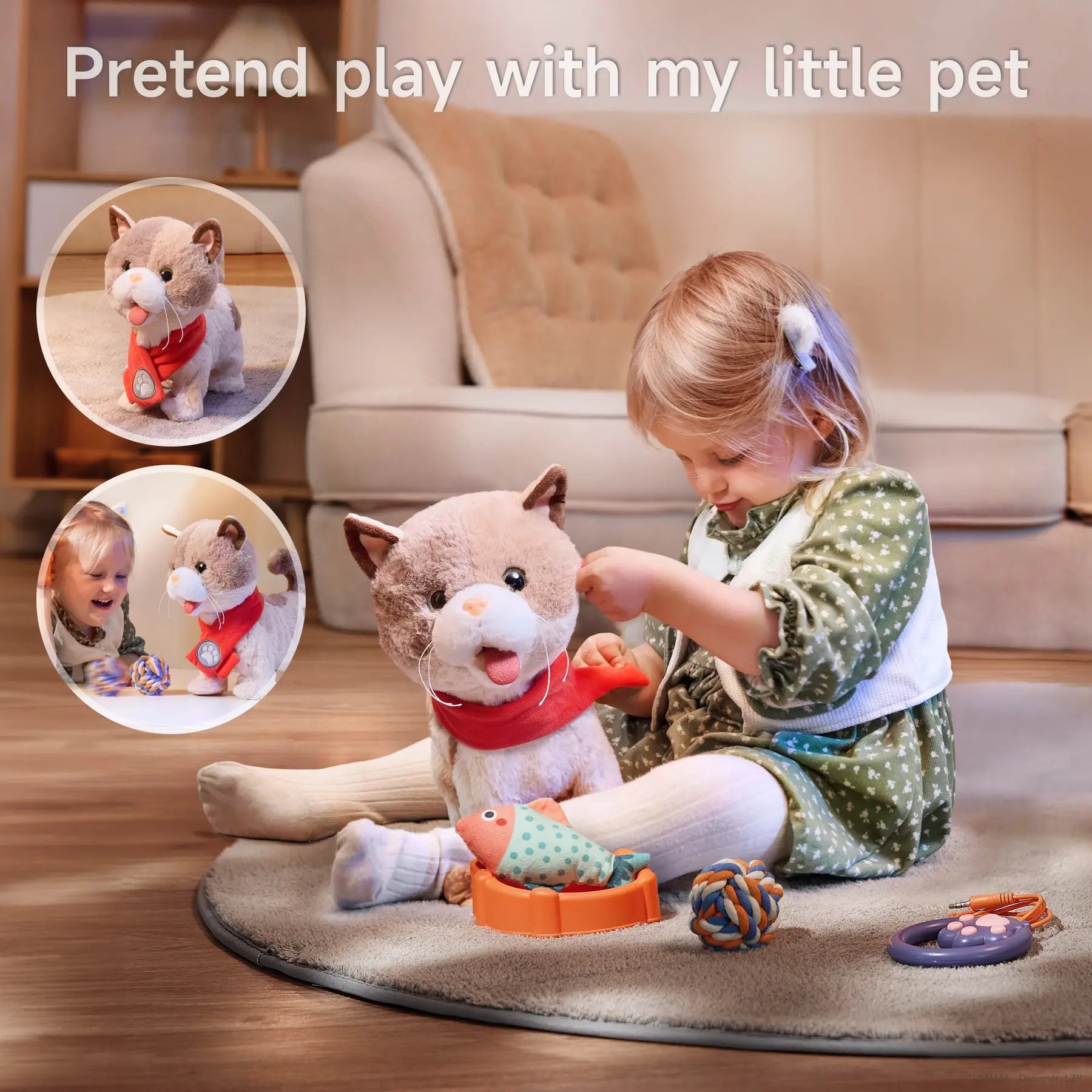A young girl engaging in pretend play with an interactive toy cat, feeding it a toy fish and playing with additional accessories, including a food bowl, rope ball, and leash remote. Insets show close-up moments of play.