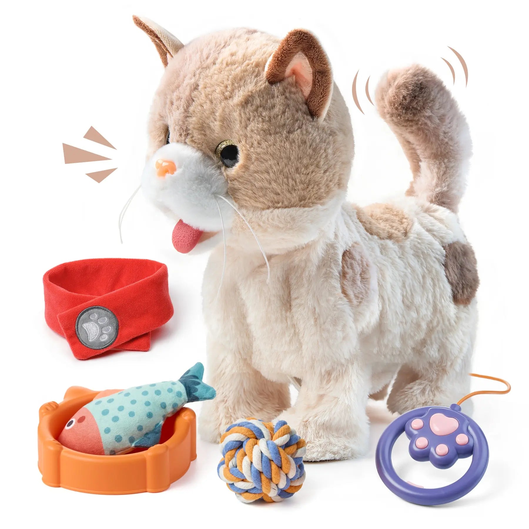 Interactive toy cat with a red scarf, toy fish in a food bowl, rope ball, and paw-shaped leash remote. The cat responds to touch with sounds and tail movements, making it a lifelike and fun companion for kids.