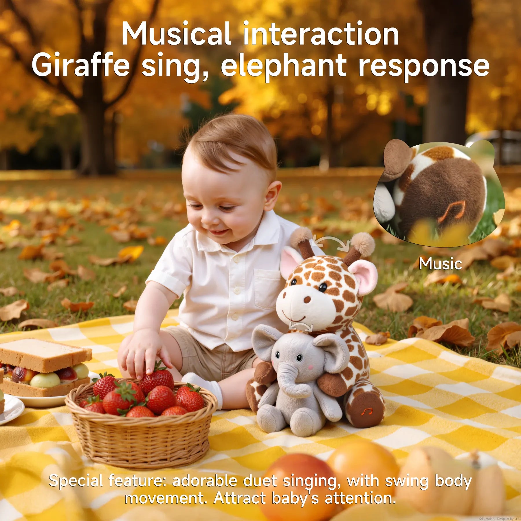 Interactive Giraffe Stuffed Animal with Voice Recording & Nursery Rhymes – Plush Toy with Singing, Swaying Motion & Elephant Buddy – Soft, Cuddly Gift for Toddlers, Boys & Girls 3+