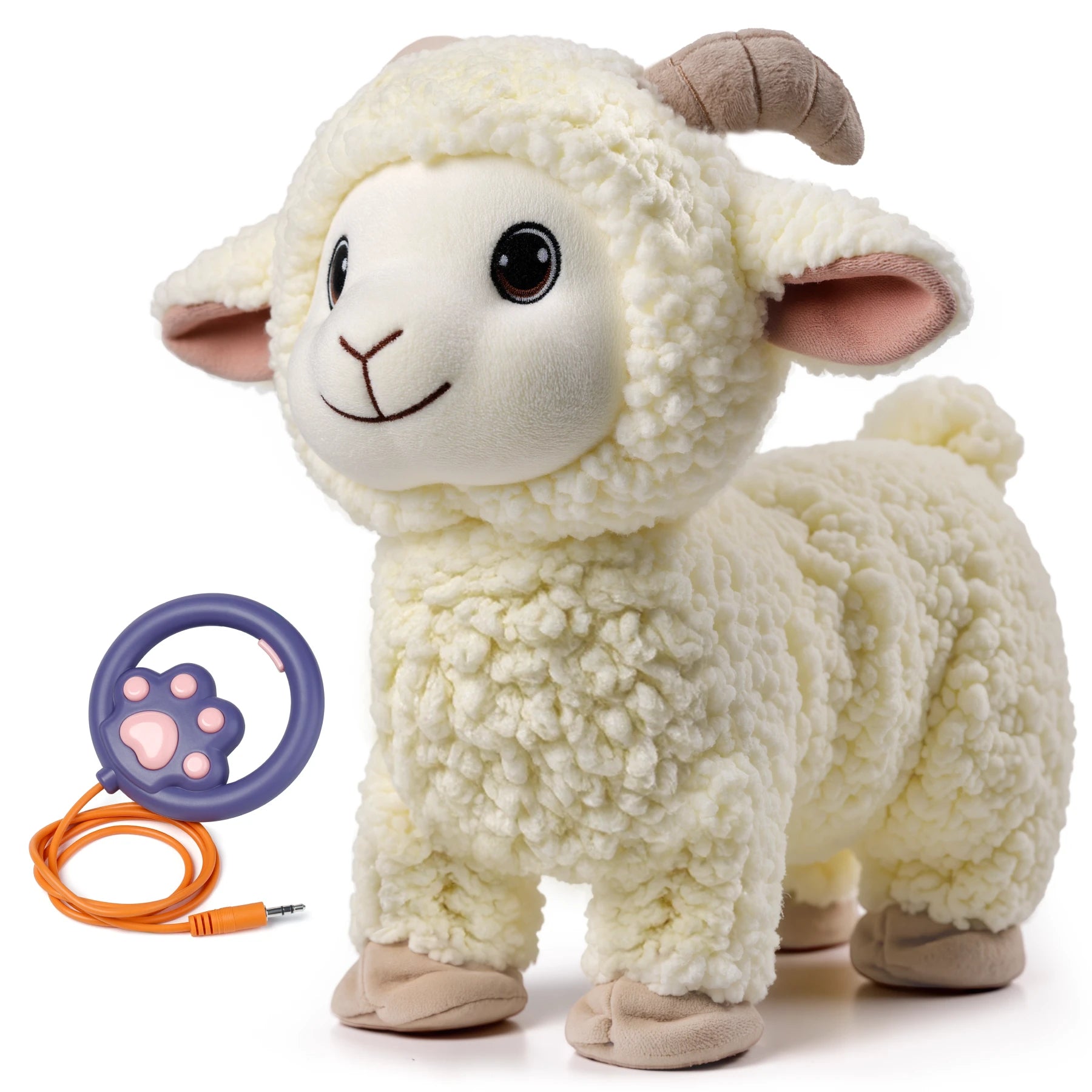 Interactive plush lamb toy with curly soft fleece, realistic embroidered face, and a purple paw-shaped leash remote control with orange cord.