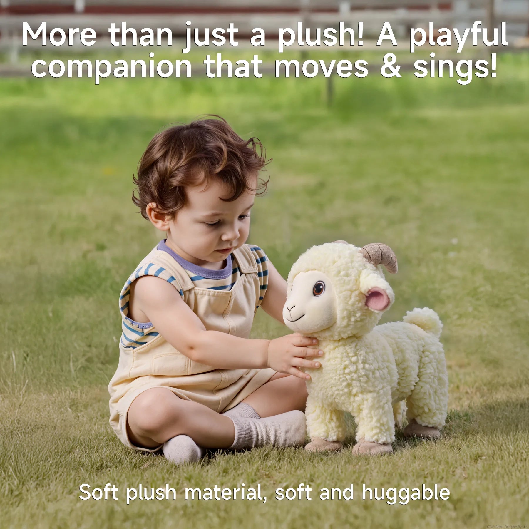 Toddler sitting on grass playing with an interactive plush lamb toy that sings and moves, made of soft fleece and featuring curved horns and a friendly embroidered face.