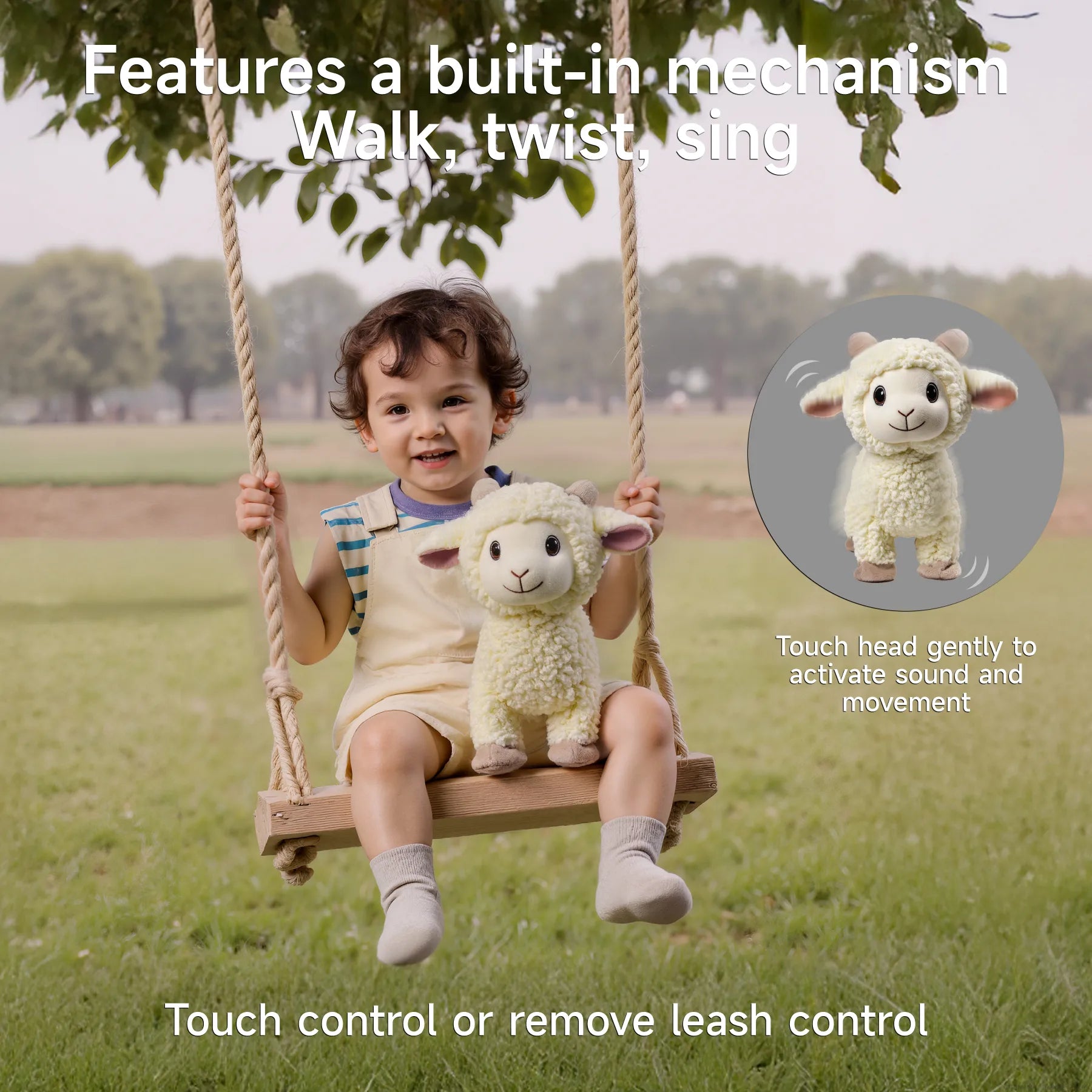 Smiling toddler sitting on a wooden swing holding a plush lamb toy with built-in singing and walking functions, with text overlay explaining touch control and interactive features.