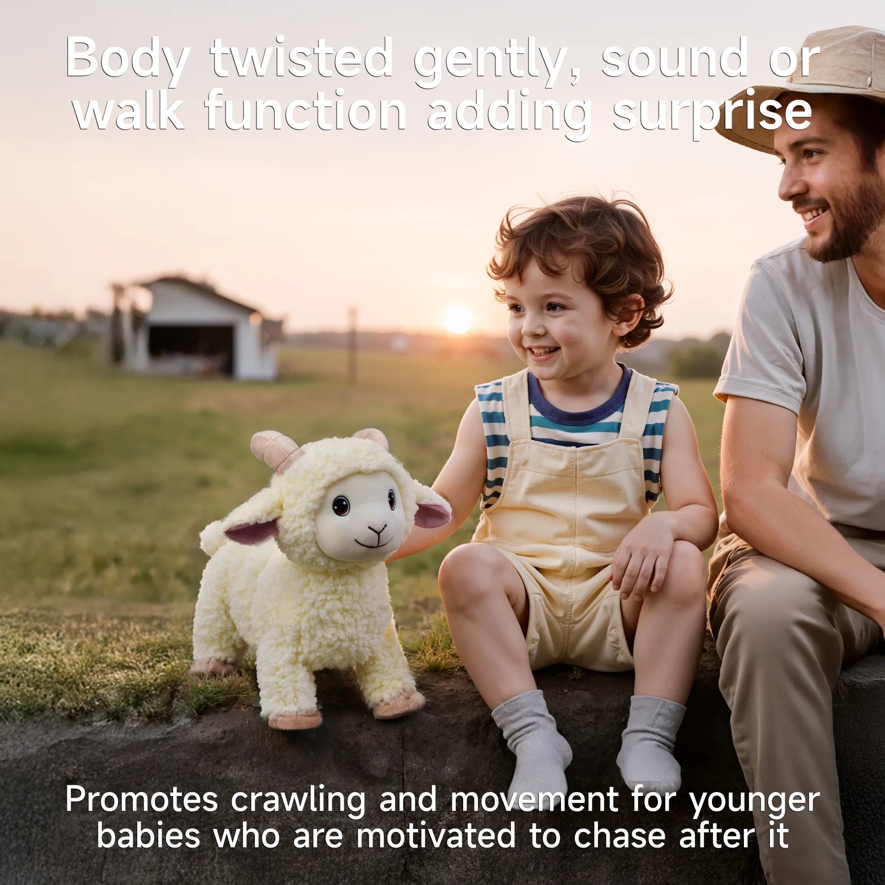 Happy child sitting beside an adult at sunset, playing with a plush lamb toy that encourages crawling and movement through sound and walking features.