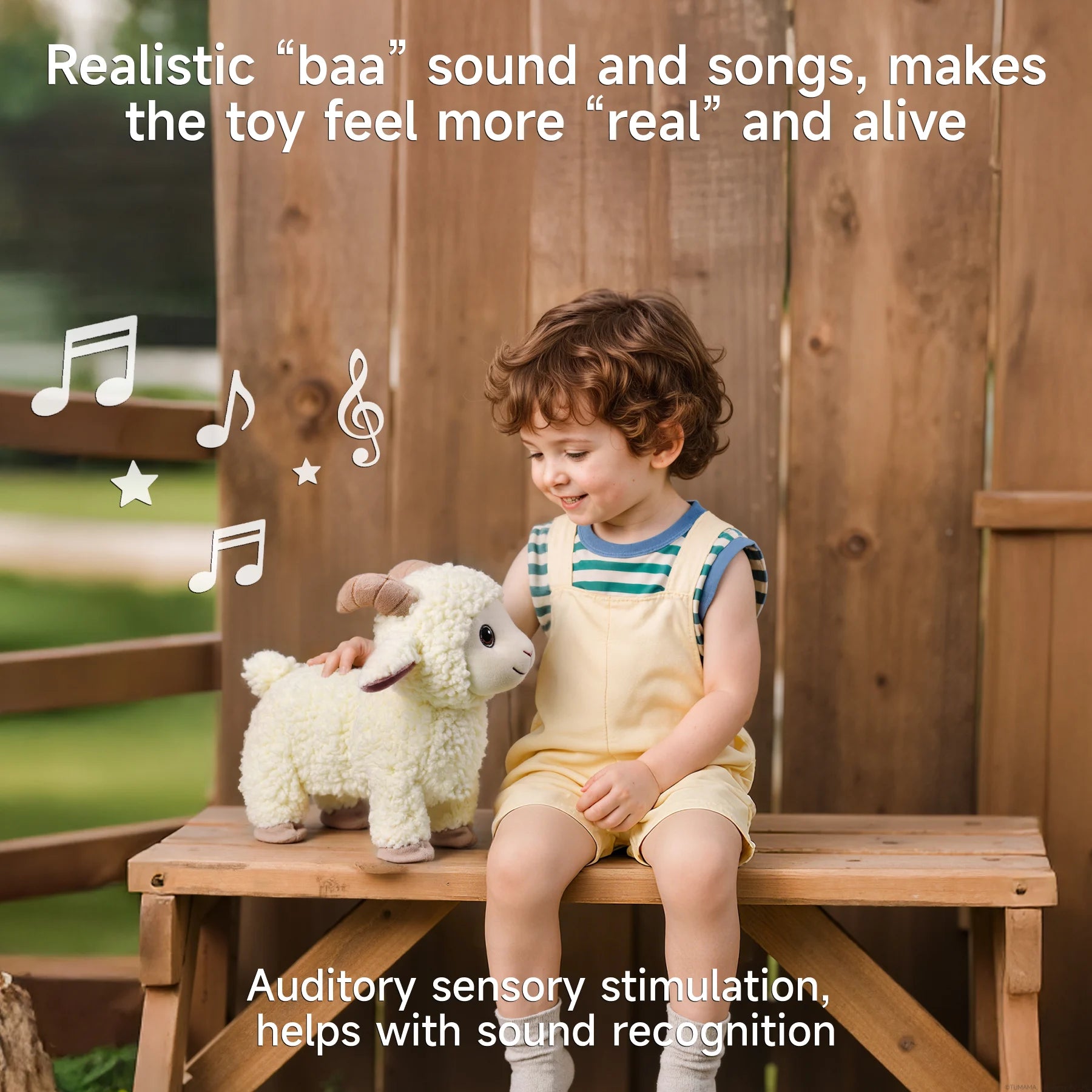 Smiling child sitting on a wooden bench, interacting with a plush lamb toy that plays realistic 'baa' sounds and songs for auditory sensory stimulation.