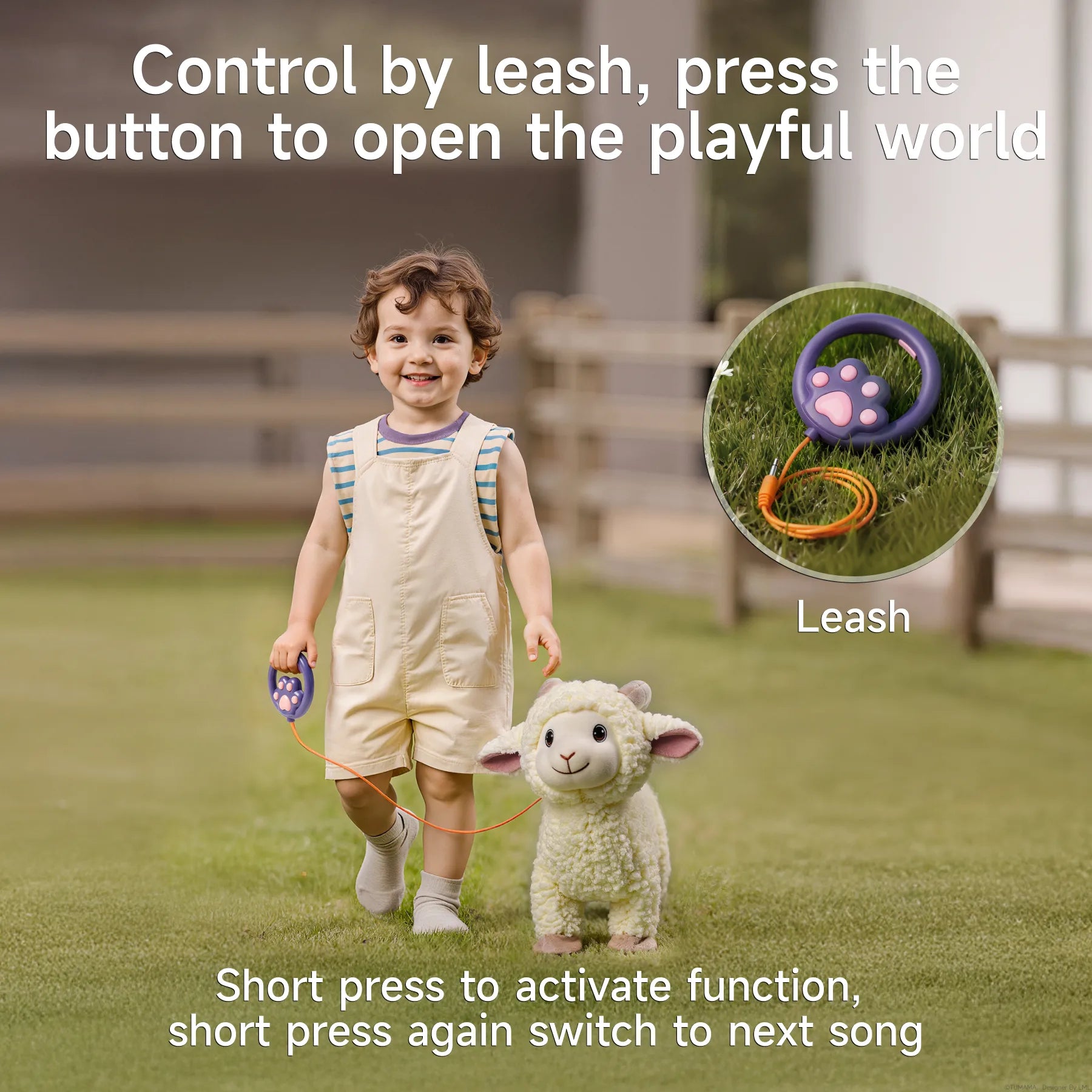 Happy child walking on grass while holding a leash-controlled plush lamb toy, with a close-up inset showing the purple paw-shaped controller used to activate songs and movement.