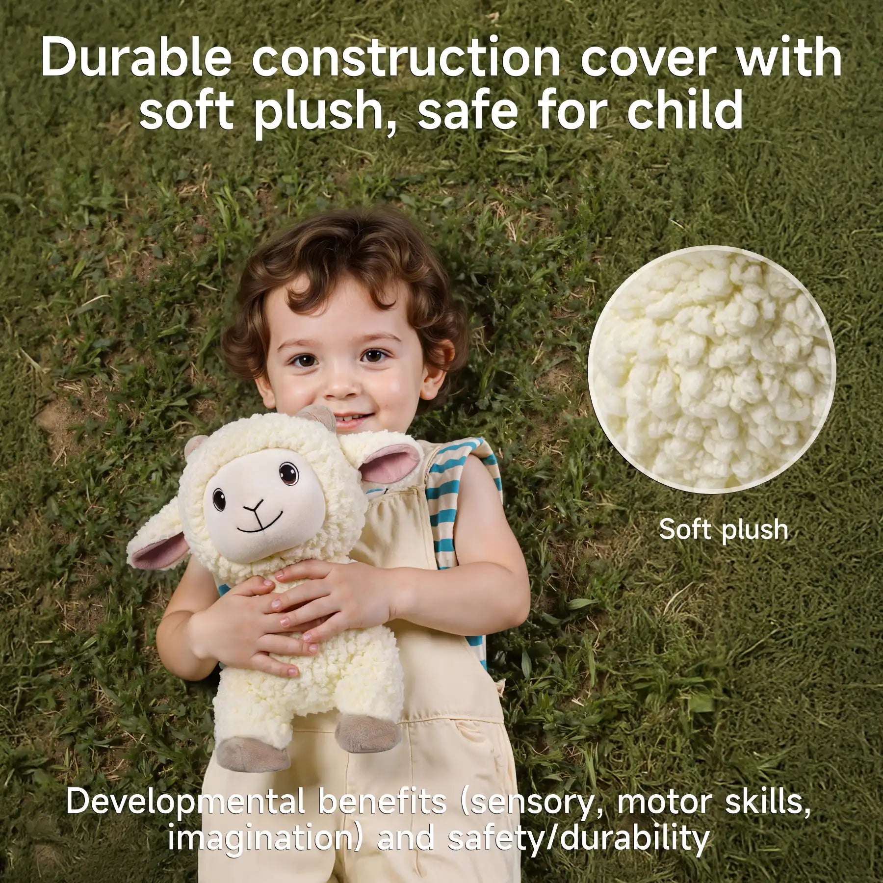 Smiling child lying on grass while hugging a soft plush lamb toy, with an inset showing a close-up texture of the plush material, highlighting its softness and safety for kids.