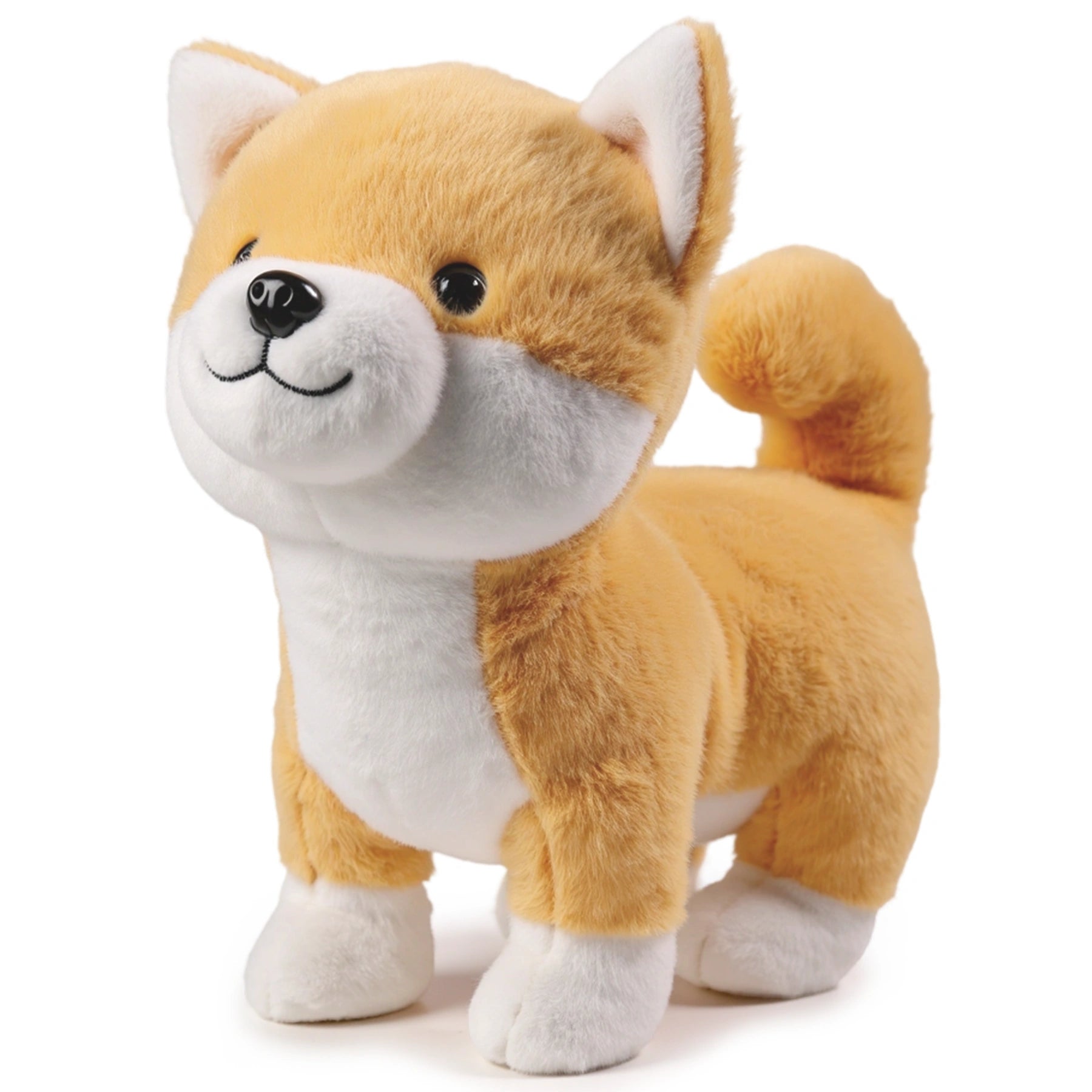 Interactive Shiba Inu plush toy for toddlers, featuring soft orange and white fur, upright ears, a curled tail, and a smiling face—designed for cuddling, music, barking, dancing, and 360° movement.