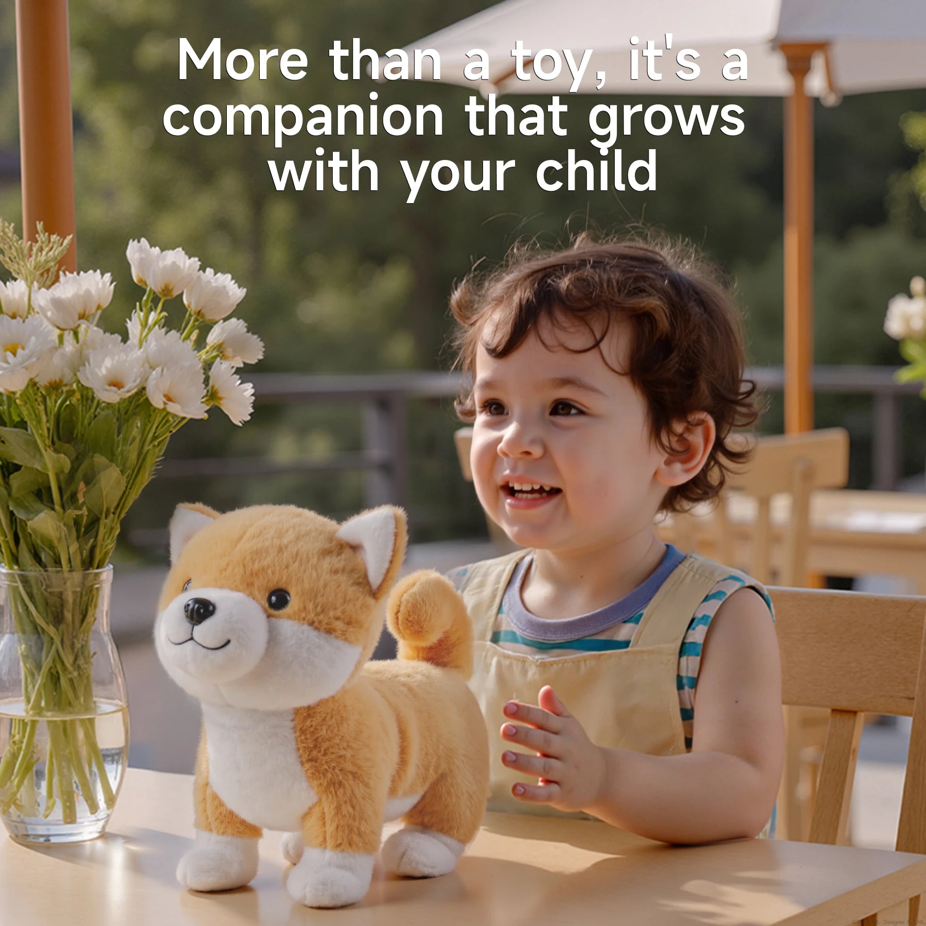 Smiling toddler playing with an interactive Shiba Inu plush toy at an outdoor table, with flowers and greenery in the background; overlay text reads “More than a toy, it's a companion that grows with your child”.
