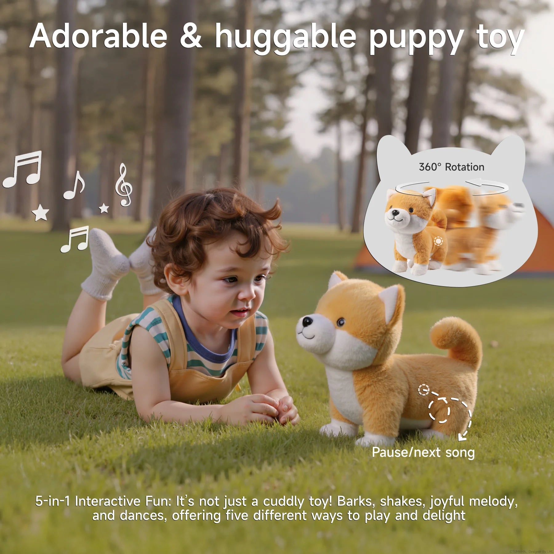 Young child lying on grass interacting with a Shiba Inu plush toy in a forest park setting, with musical notes and overlay graphics highlighting its 360° rotation and multiple play functions like barking, dancing, and music playback.