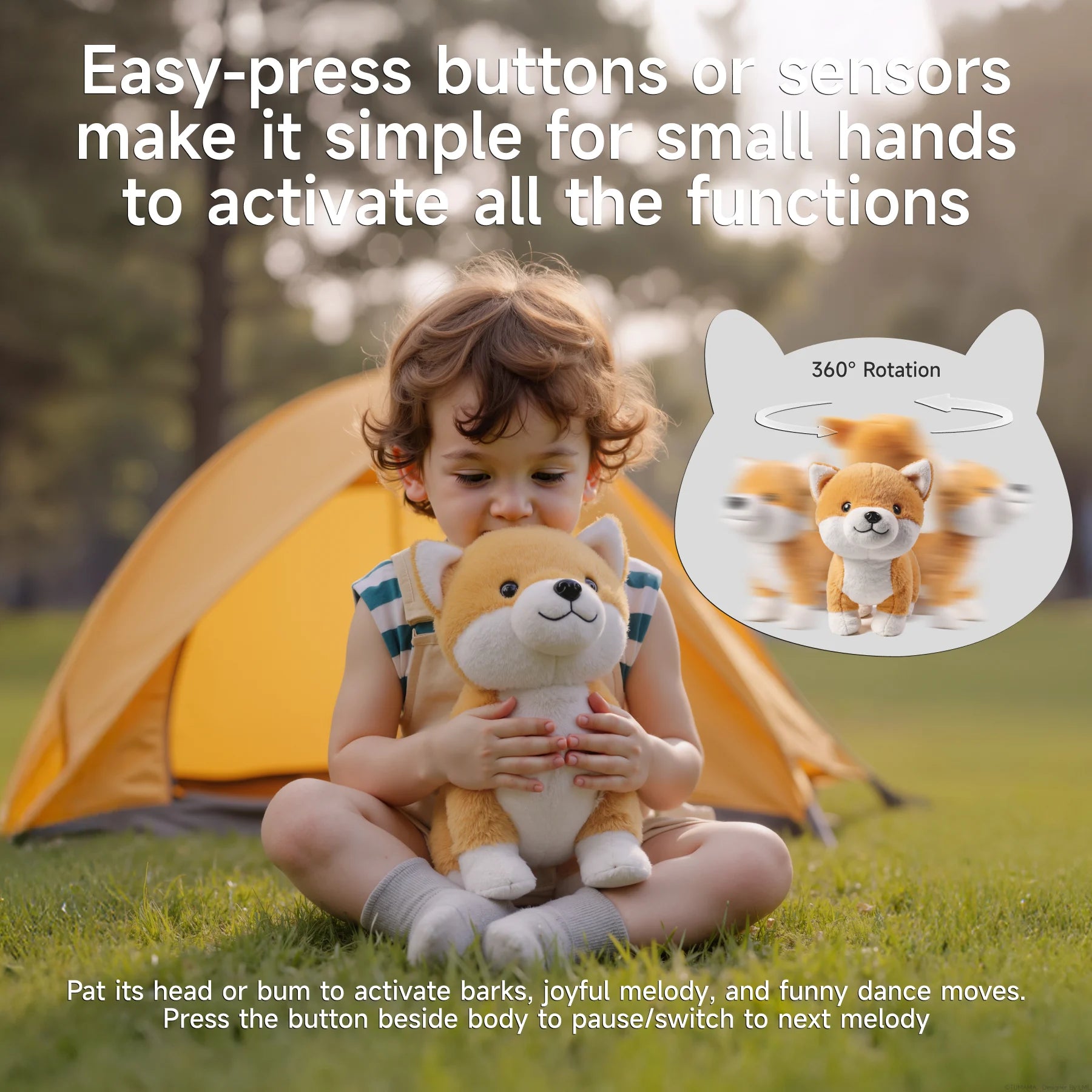 Young child sitting on grass in front of a yellow tent, hugging a Shiba Inu interactive plush toy; overlay shows toy's 360° spinning motion and highlights easy-press activation areas for music, barking, and dancing.