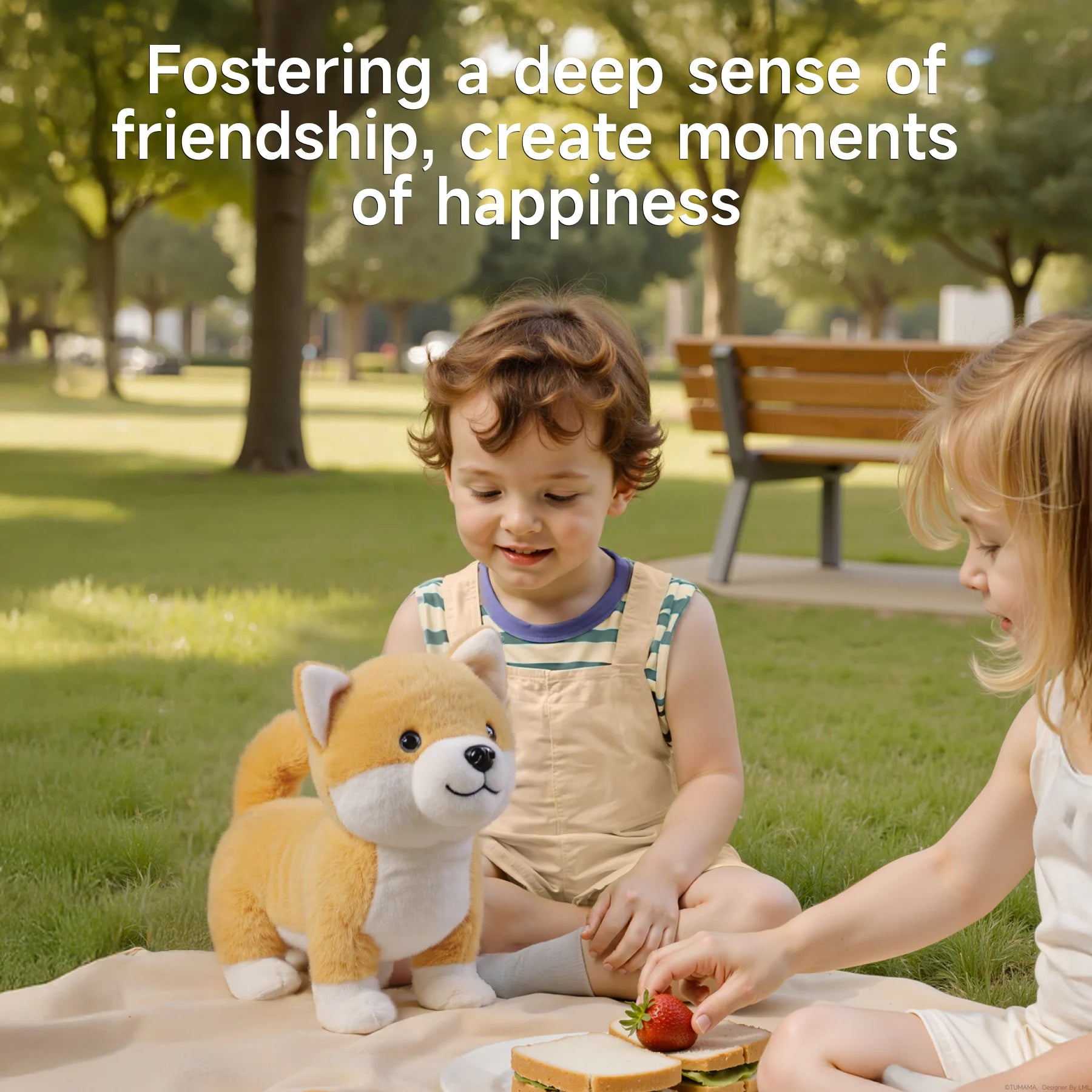 Two young children enjoying a picnic on a blanket in a sunny park, smiling as they interact with a plush Shiba Inu toy; message above reads “Fostering a deep sense of friendship, create moments of happiness.”