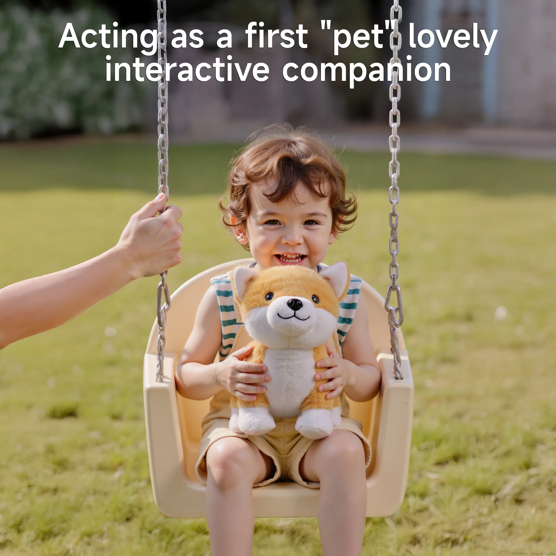 Smiling toddler sitting on a swing outdoors, holding a plush Shiba Inu toy while being gently pushed by an adult; text reads “Acting as a first 'pet' lovely interactive companion.”