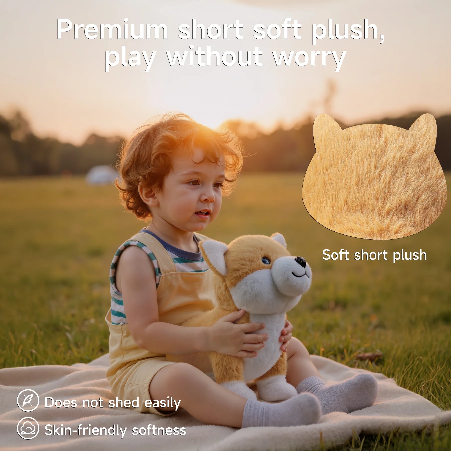 Young child sitting on a blanket in a field at sunset, gently holding a plush Shiba Inu toy; text overlay highlights the toy’s soft short plush material with a close-up texture inset and icons indicating “does not shed easily” and “skin-friendly softness.”