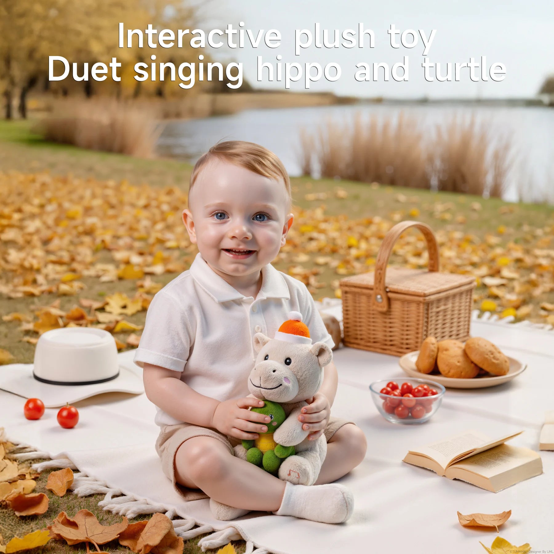 Smiling child sitting on a picnic blanket holding an interactive plush hippo and turtle toy, with autumn leaves, snacks, and a lake in the background.