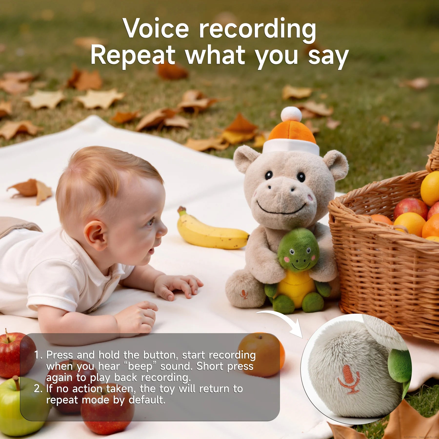 Baby lying on a picnic blanket interacting with a plush hippo and turtle toy that features voice recording and playback, with on-screen instructions and microphone icon close-up.