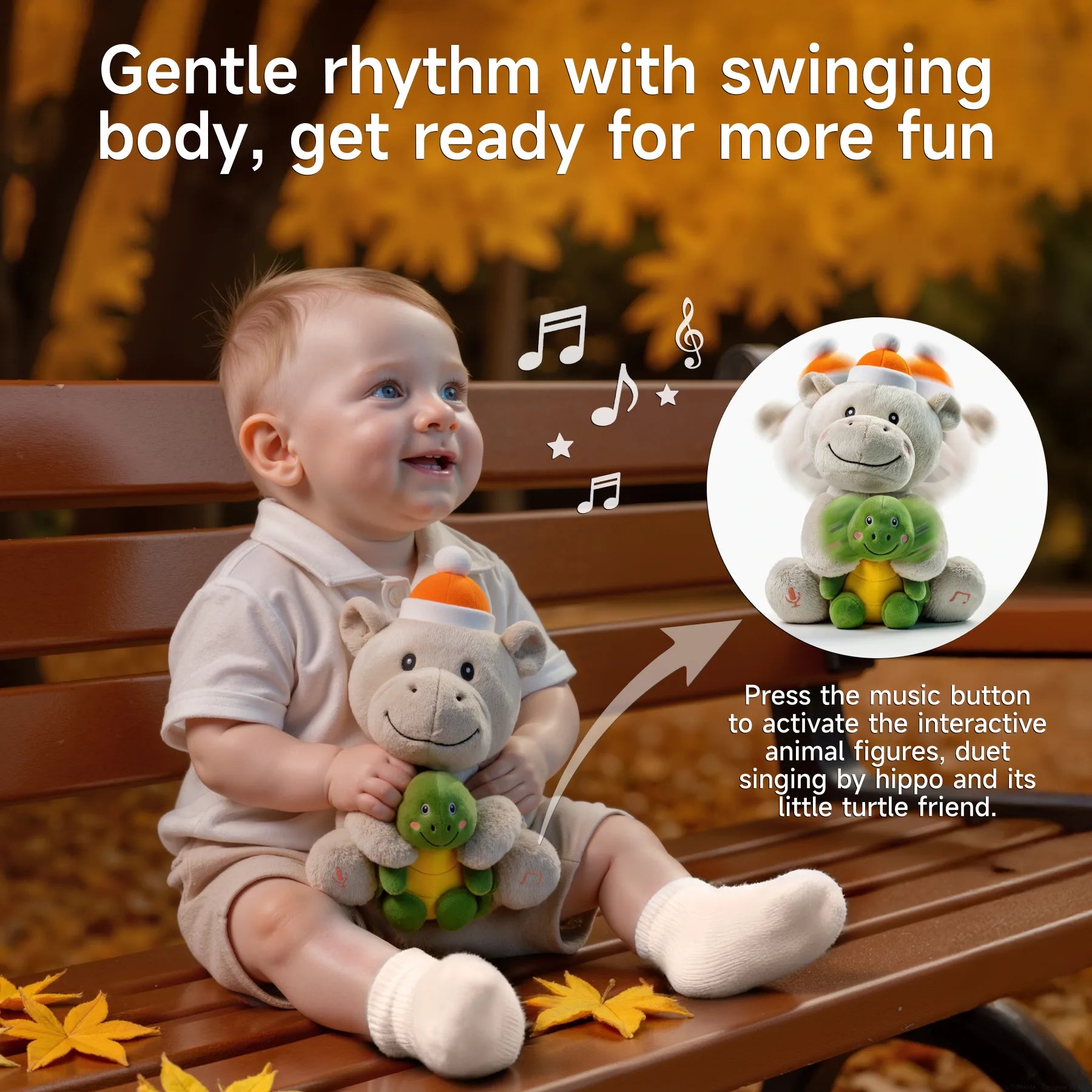 Smiling baby sitting on a park bench holding a plush hippo and turtle toy with musical notes and on-screen instructions showing how to activate the duet singing feature by pressing the music button.