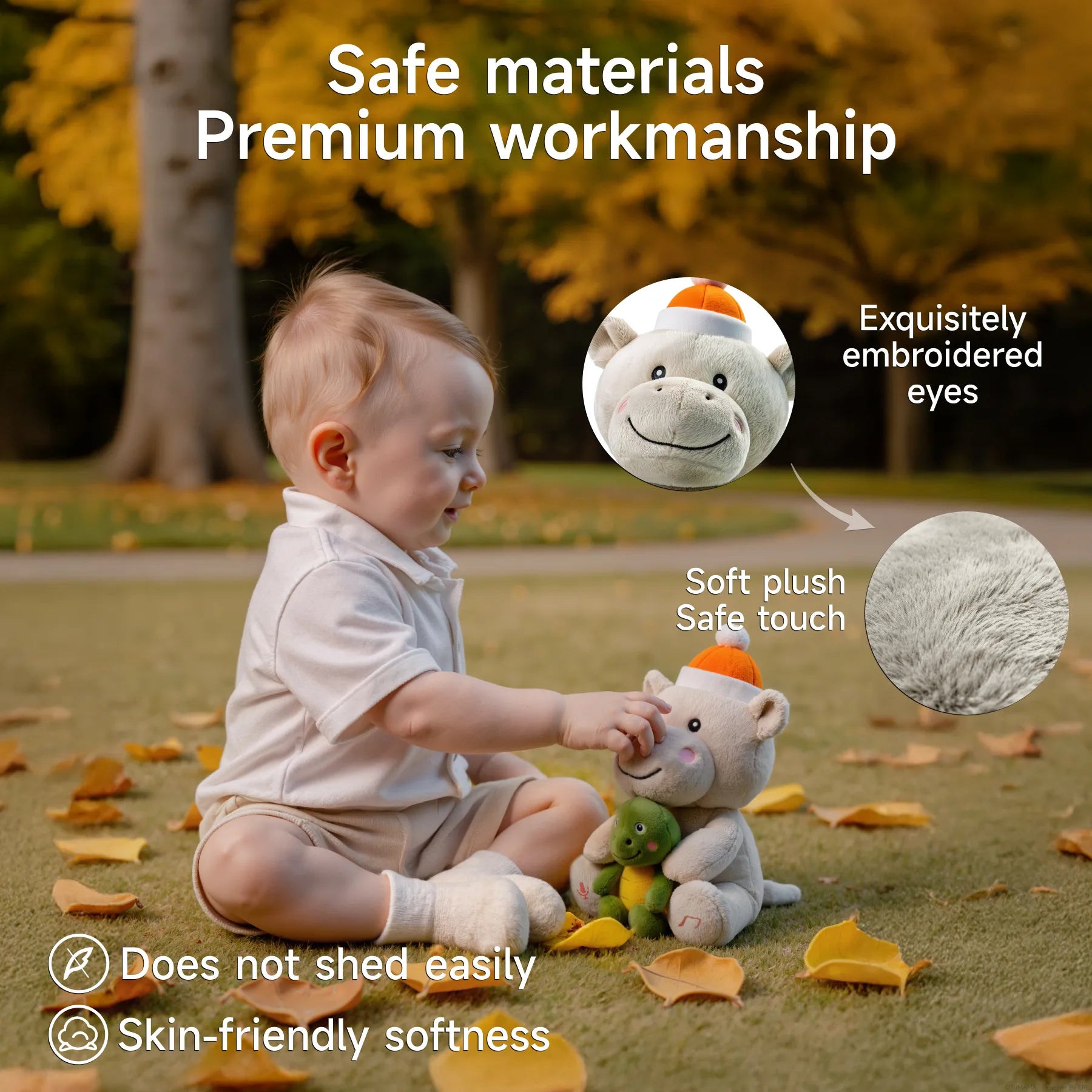 Child sitting on grass surrounded by autumn leaves, gently touching a plush hippo and turtle toy. The toy features embroidered eyes and soft, skin-friendly fabric. Callouts highlight its safe materials, premium workmanship, and plush texture.