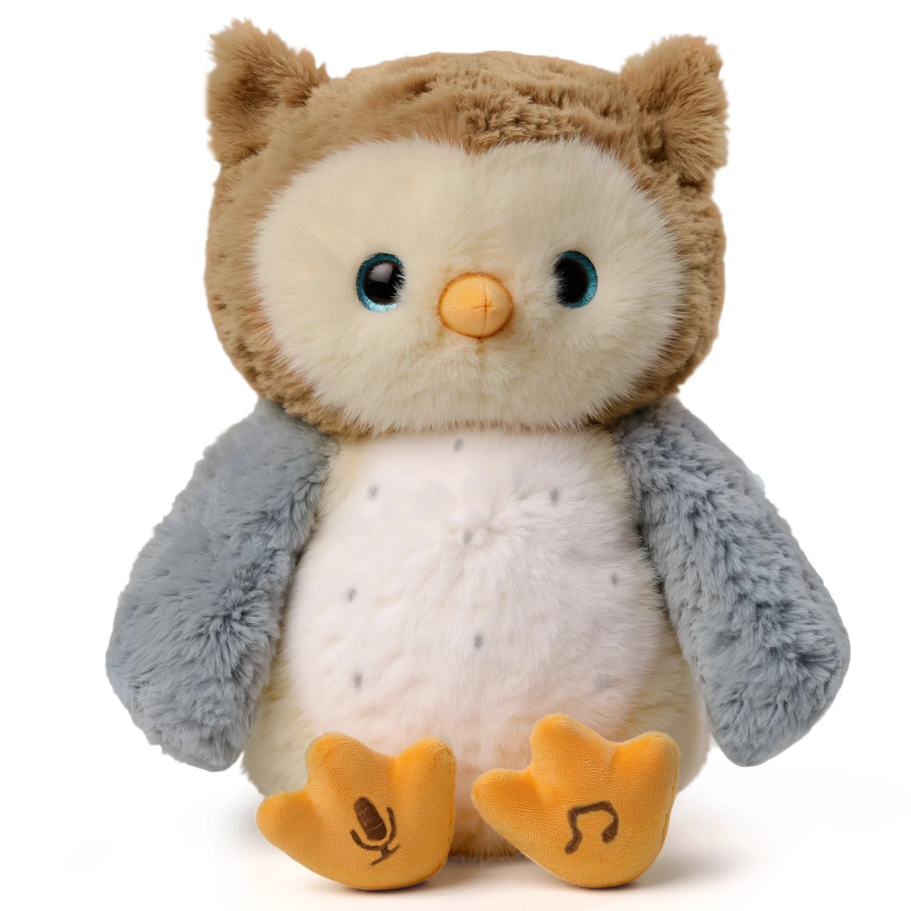 A cute interactive talking owl plush toy with soft gray wings, a brown head, and a white belly. The feet have microphone and music note symbols, indicating recording and music playback features.