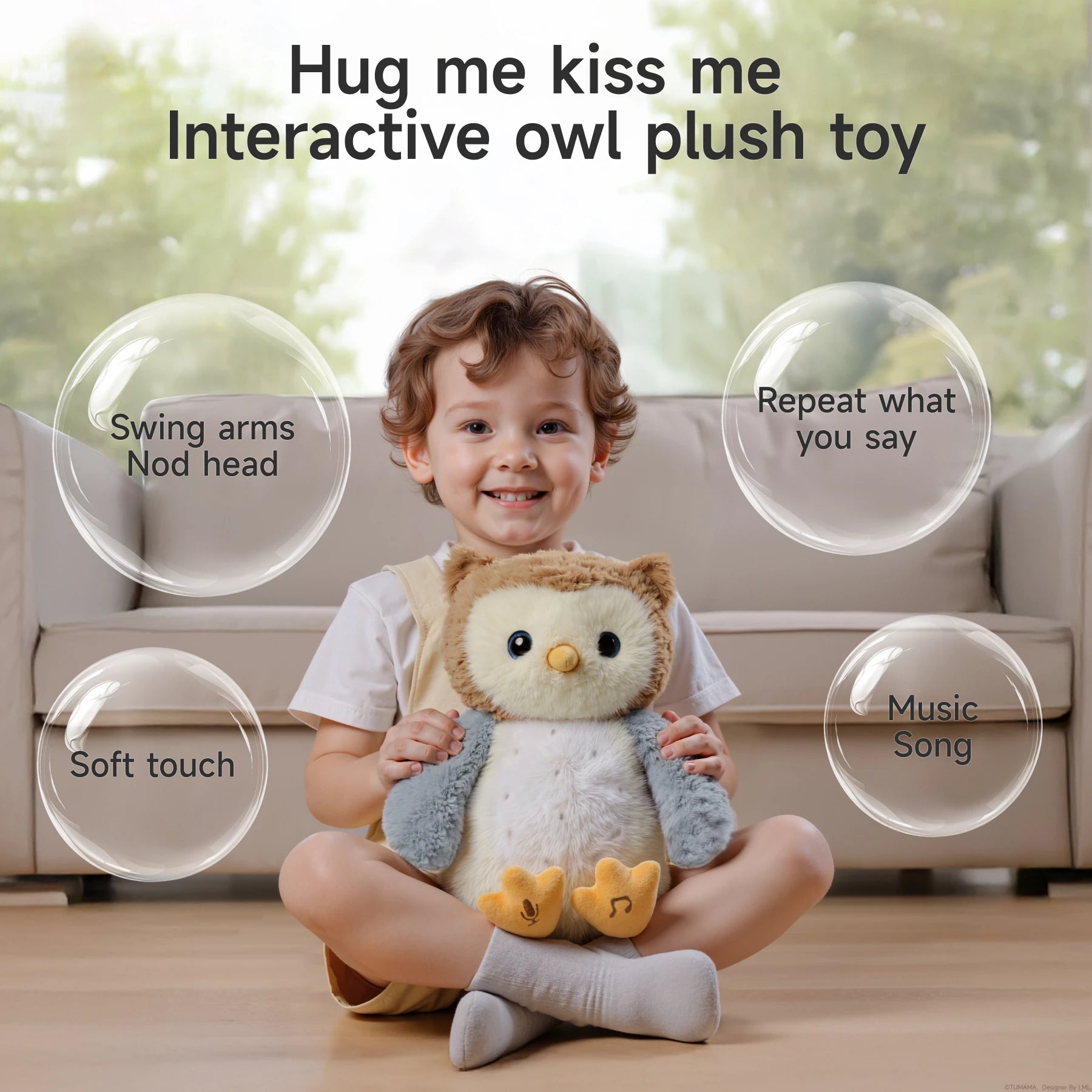 A smiling young child sitting on the floor and holding an interactive owl plush toy. The toy has a soft, cuddly appearance with brown, white, and gray fur, and yellow feet marked with icons. Text bubbles highlight features: 'Swing arms, Nod head', 'Repeat what you say', 'Music Song', and 'Soft touch'. The top text reads: 'Hug me kiss me Interactive owl plush toy'.