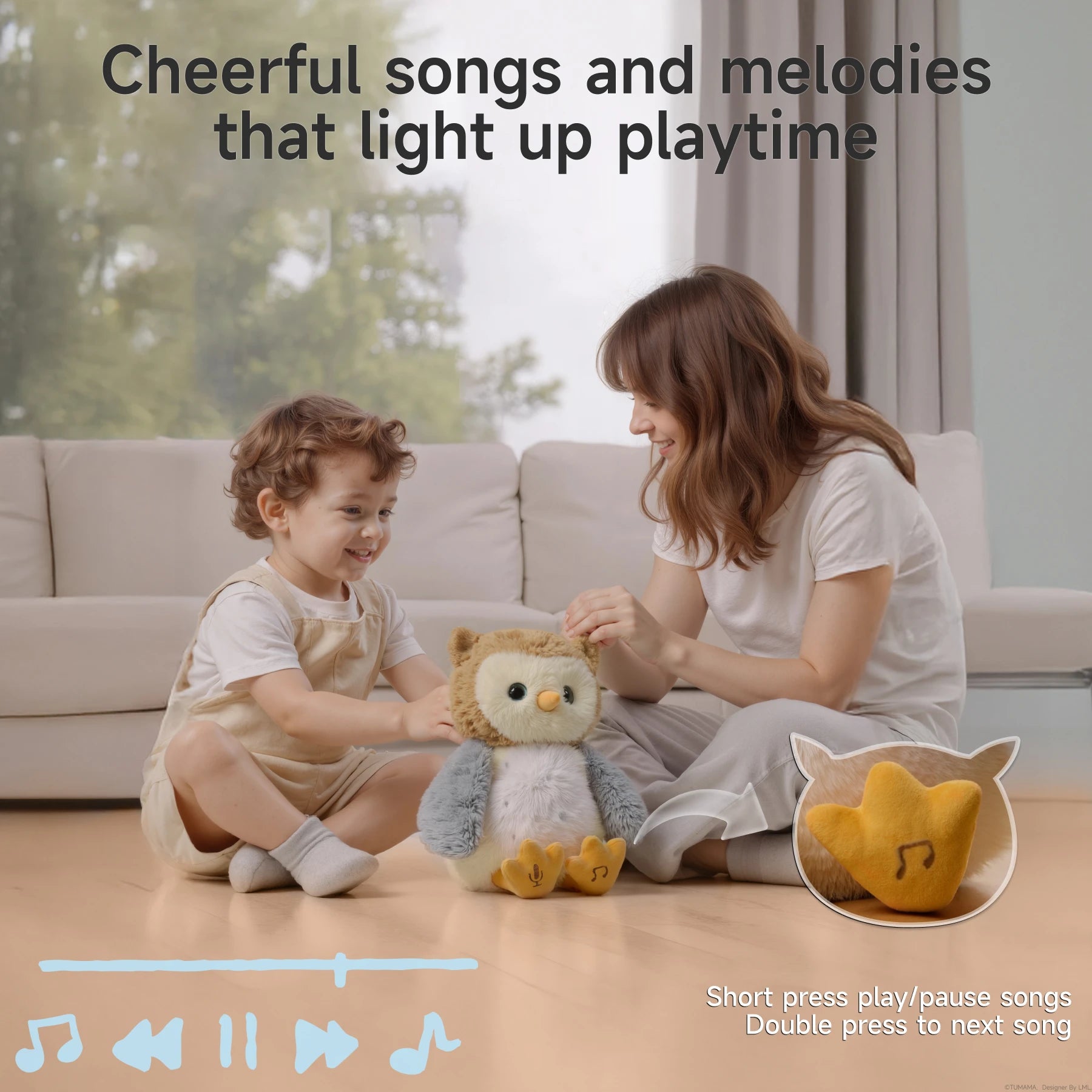 A young child and a woman sitting on the floor smiling and playing with an interactive owl plush toy. The toy is soft and colorful, with a visible music note icon on its foot. The image includes text: 'Cheerful songs and melodies that light up playtime' and shows music control icons. An inset highlights that a short press plays/pauses songs, and a double press skips to the next song.