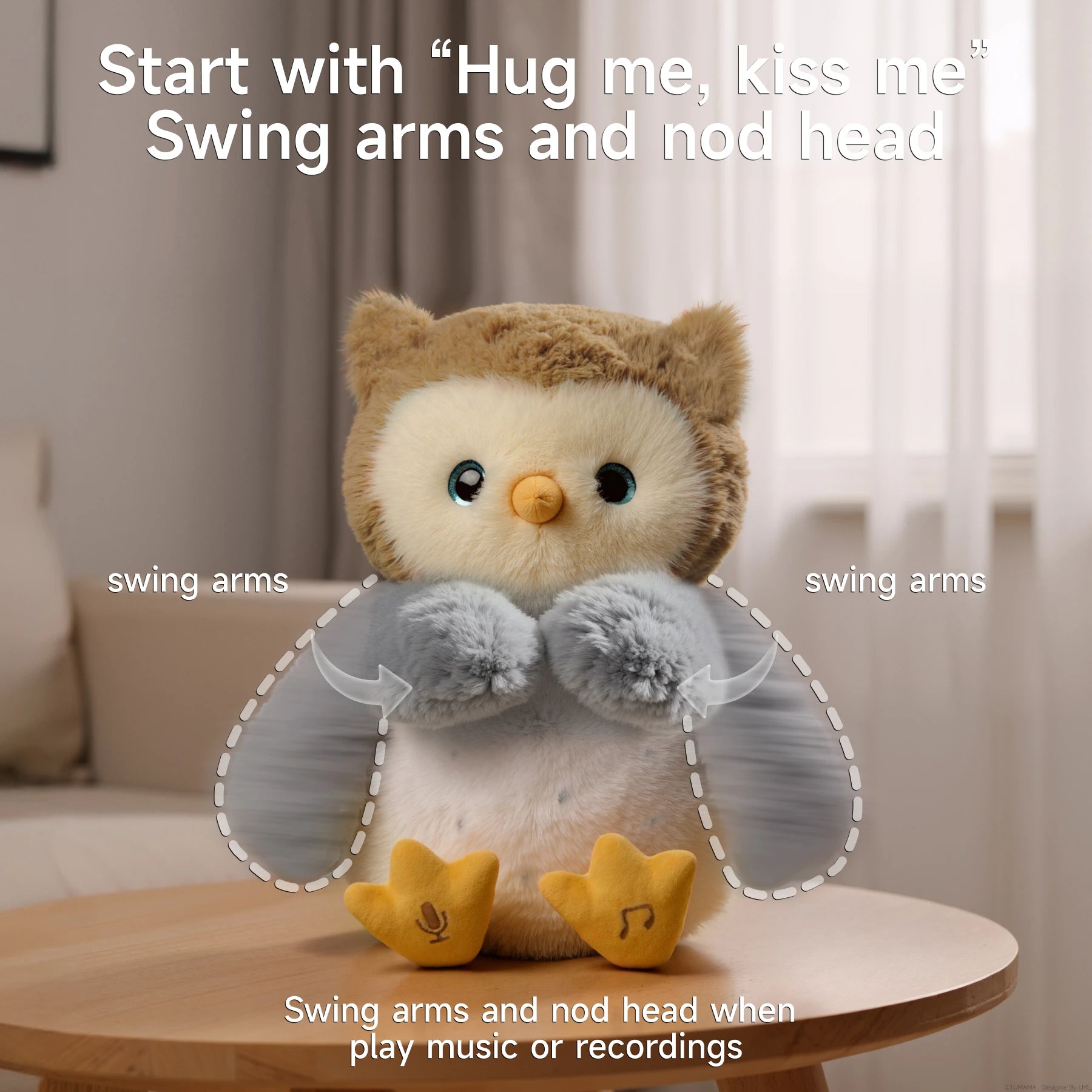 An interactive owl plush toy sitting on a round table with soft gray wings and yellow feet featuring microphone and music note icons. Text on the image says 'Start with “Hug me, kiss me” Swing arms and nod head.' Arrows and outlines indicate that the toy's arms swing. Additional text at the bottom reads: 'Swing arms and nod head when play music or recordings.'