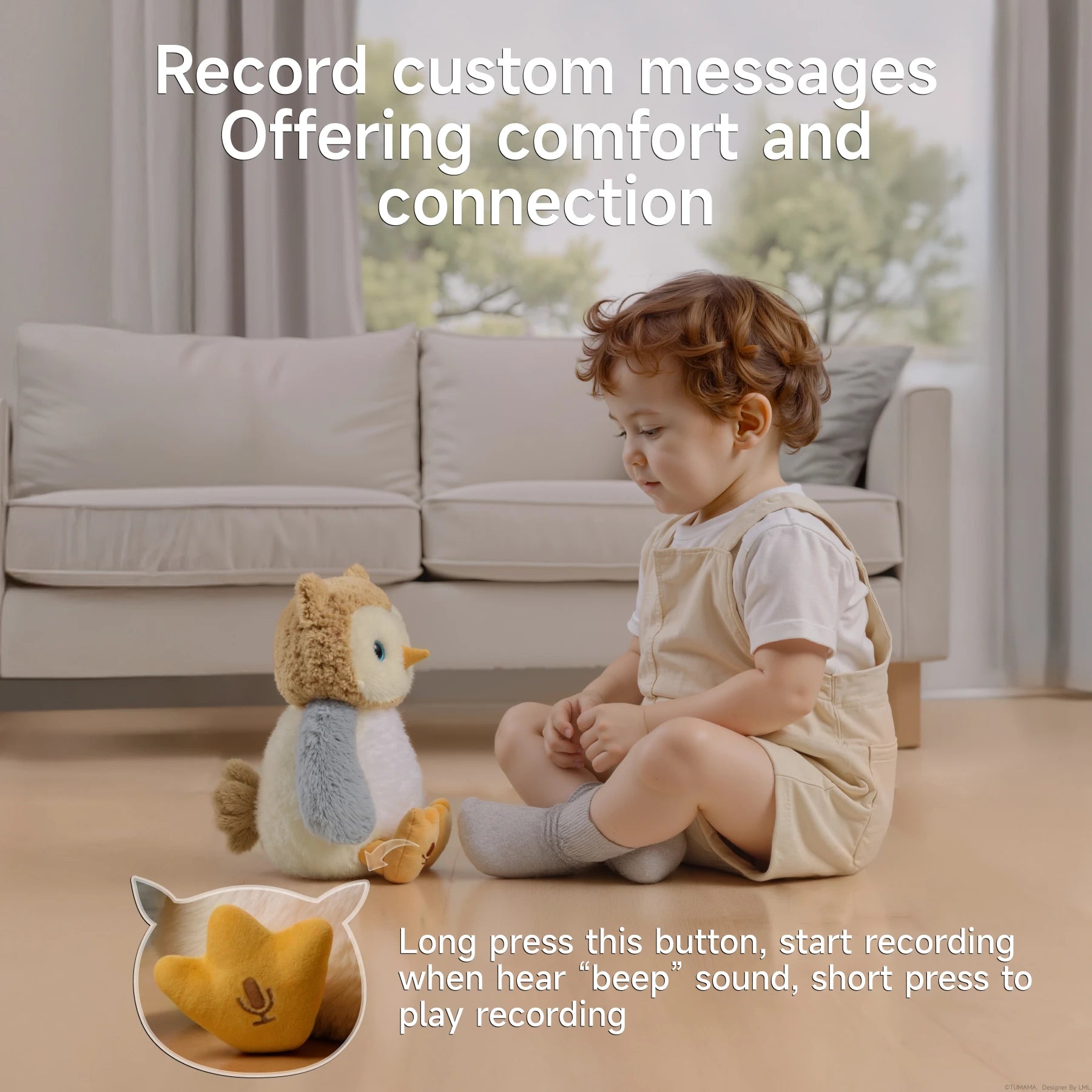 A toddler sitting on the floor facing an interactive owl plush toy that is sitting upright. The toy features soft fur and has a microphone icon on its yellow foot. Text on the image reads: 'Record custom messages Offering comfort and connection.' An inset shows a close-up of the microphone foot button with instructions: 'Long press this button, start recording when hear “beep” sound, short press to play recording.'