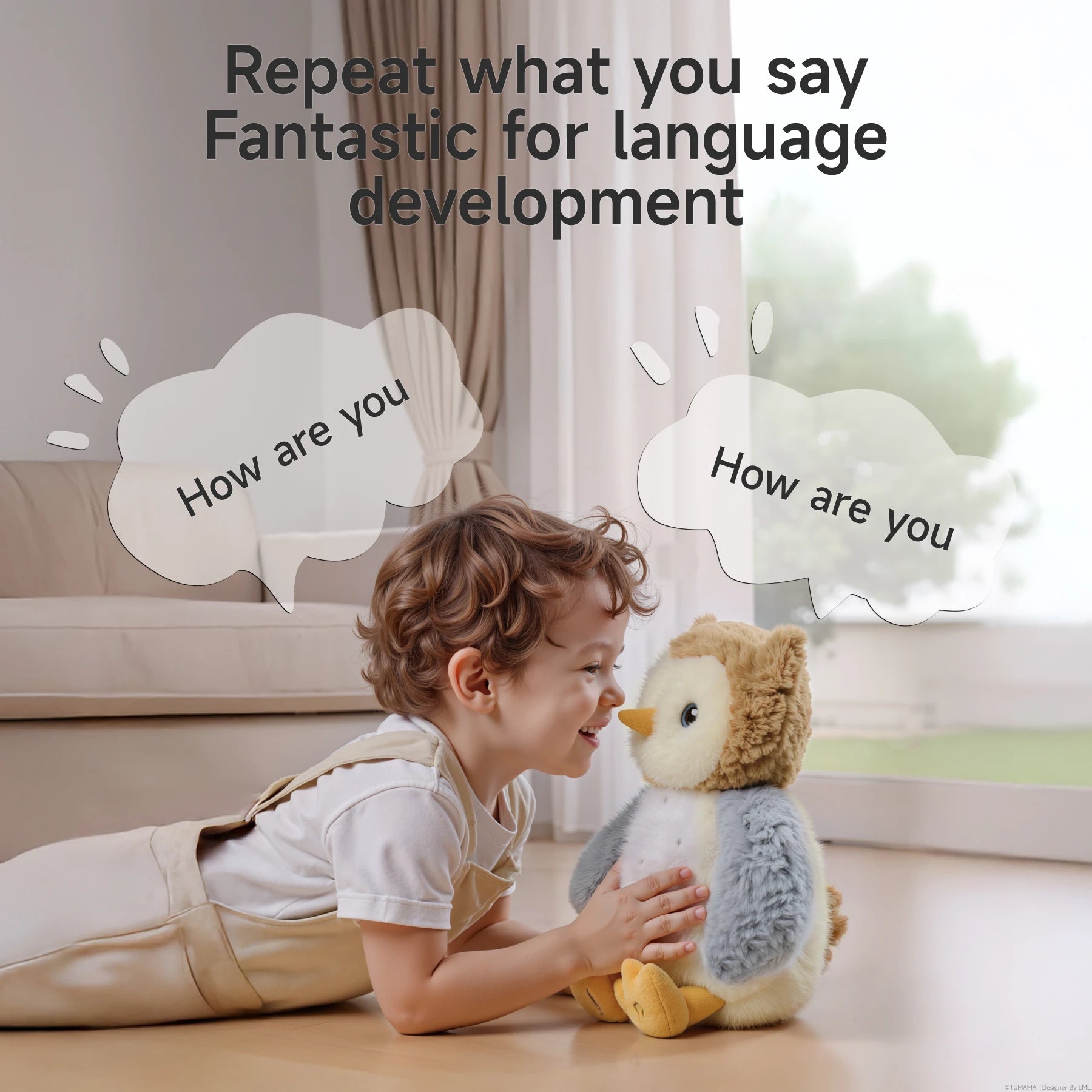 A happy child lying on the floor, facing an interactive owl plush toy. Both appear to be 'talking,' with comic-style speech bubbles showing the phrase 'How are you' coming from both the child and the toy. The text above reads: 'Repeat what you say – Fantastic for language development,' highlighting the toy's speech mimicry function.