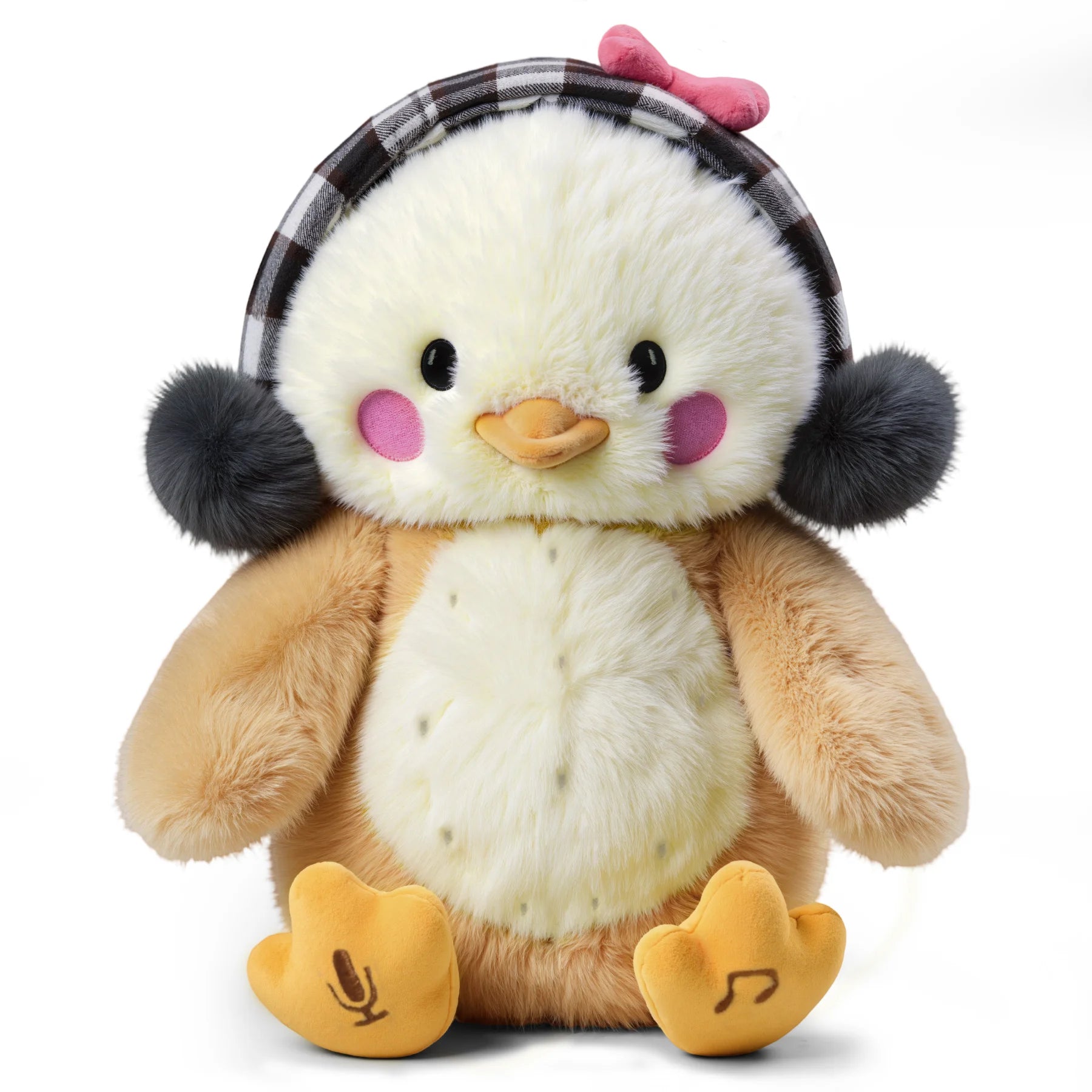 A cute interactive talking and singing plush chick toy with fluffy yellow and beige fur, pink cheeks, plaid earmuffs with pom-poms, and a pink bow, sitting upright with microphone and music note symbols on its yellow feet.