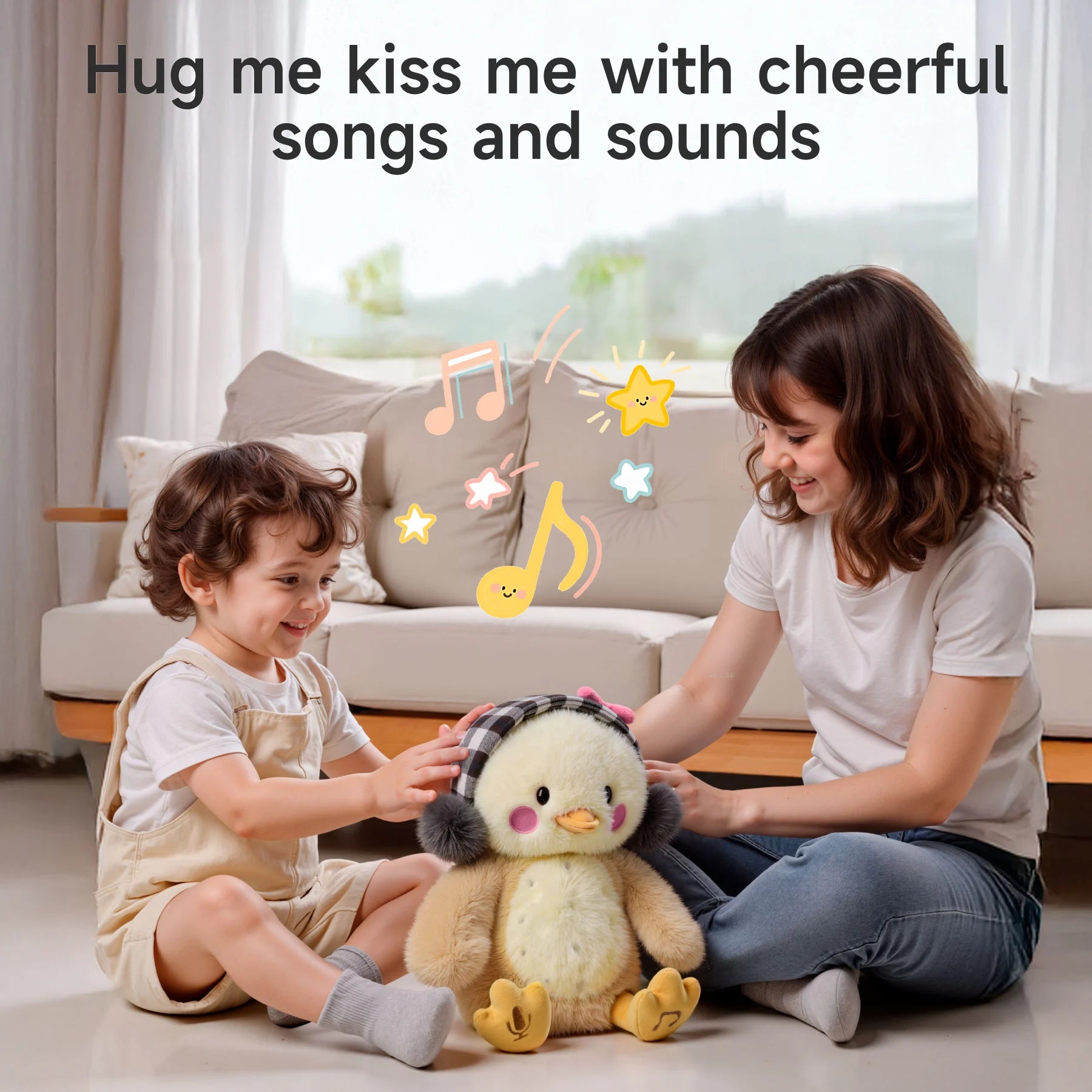 A smiling toddler and a woman sitting on the floor in a living room, happily playing with a cute interactive plush chick toy with plaid earmuffs and a pink bow. Colorful musical notes and stars are illustrated above the toy.