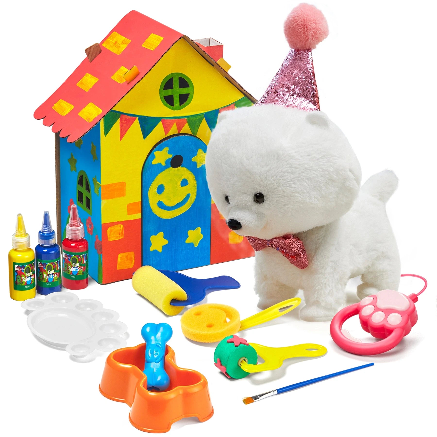 A DIY pet playhouse kit featuring a white plush puppy with a bowtie and party hat, a colorful cardboard playhouse, paints, brushes, and fun accessories like a puppy bowl and toys. Perfect for creative kids.