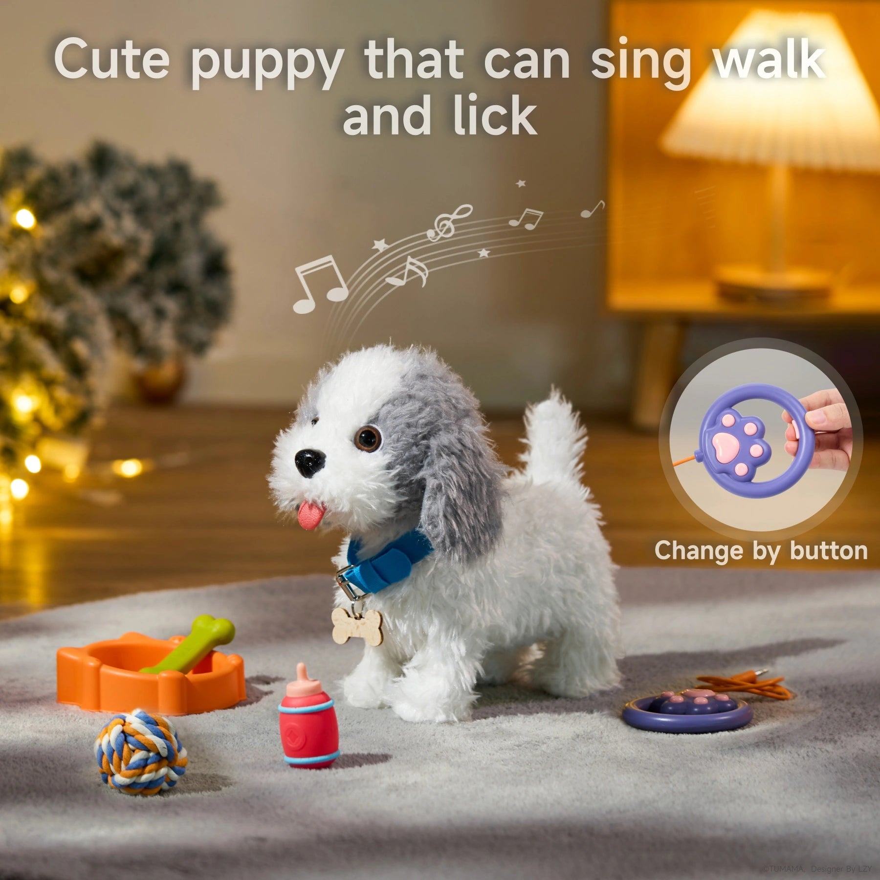 A gray-and-white plush puppy toy with a blue collar and bone tag. The toy is surrounded by a food bowl, toy bone, milk bottle, and rope ball. The puppy can sing, walk, and lick, with movement controlled by a purple paw-shaped remote leash.