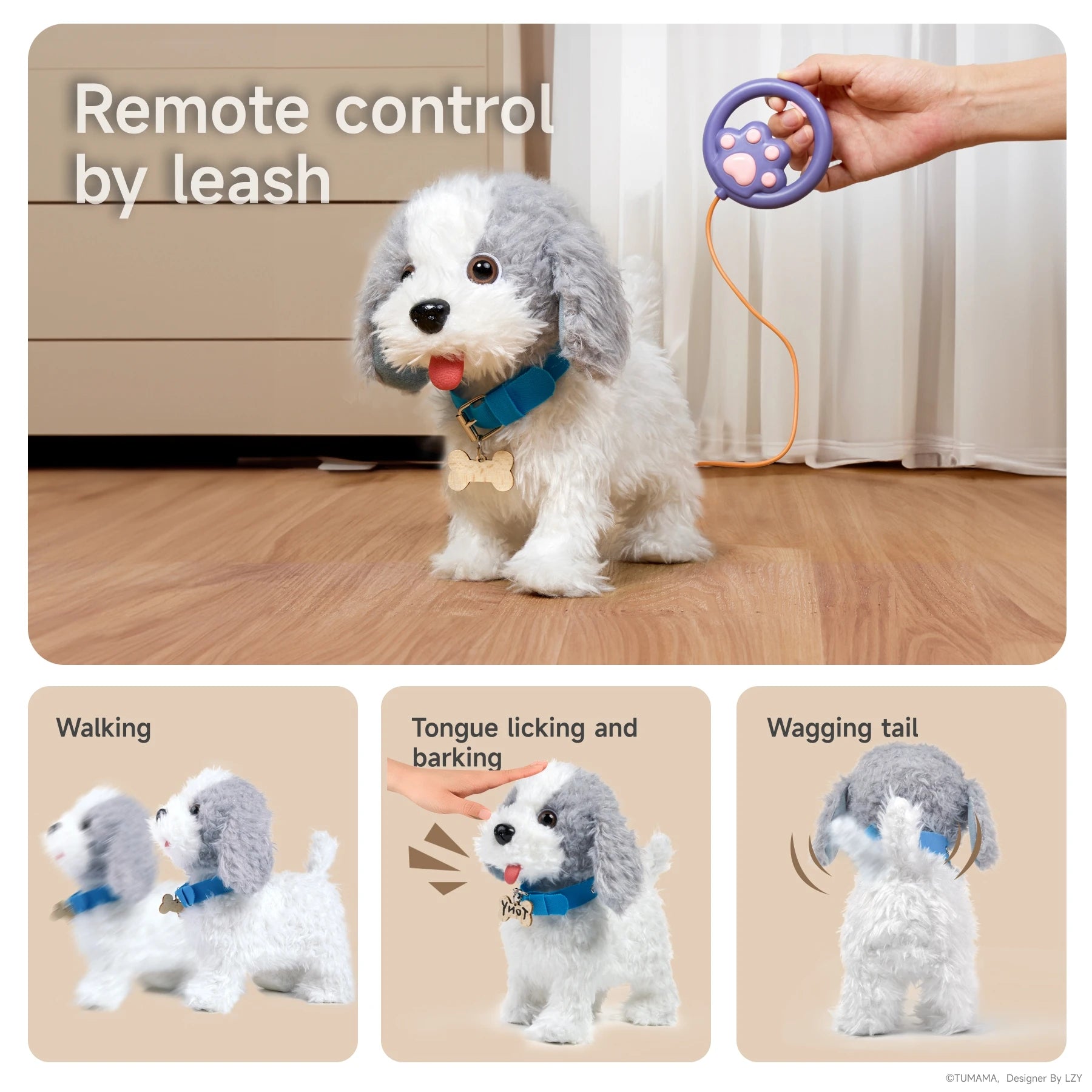 An interactive gray-and-white plush puppy toy controlled by a purple paw-shaped leash remote. The toy showcases three functions: walking, tongue licking with barking, and tail wagging. A child’s hand demonstrates petting the puppy for interaction. A fun way to engage kids in realistic pet play.
