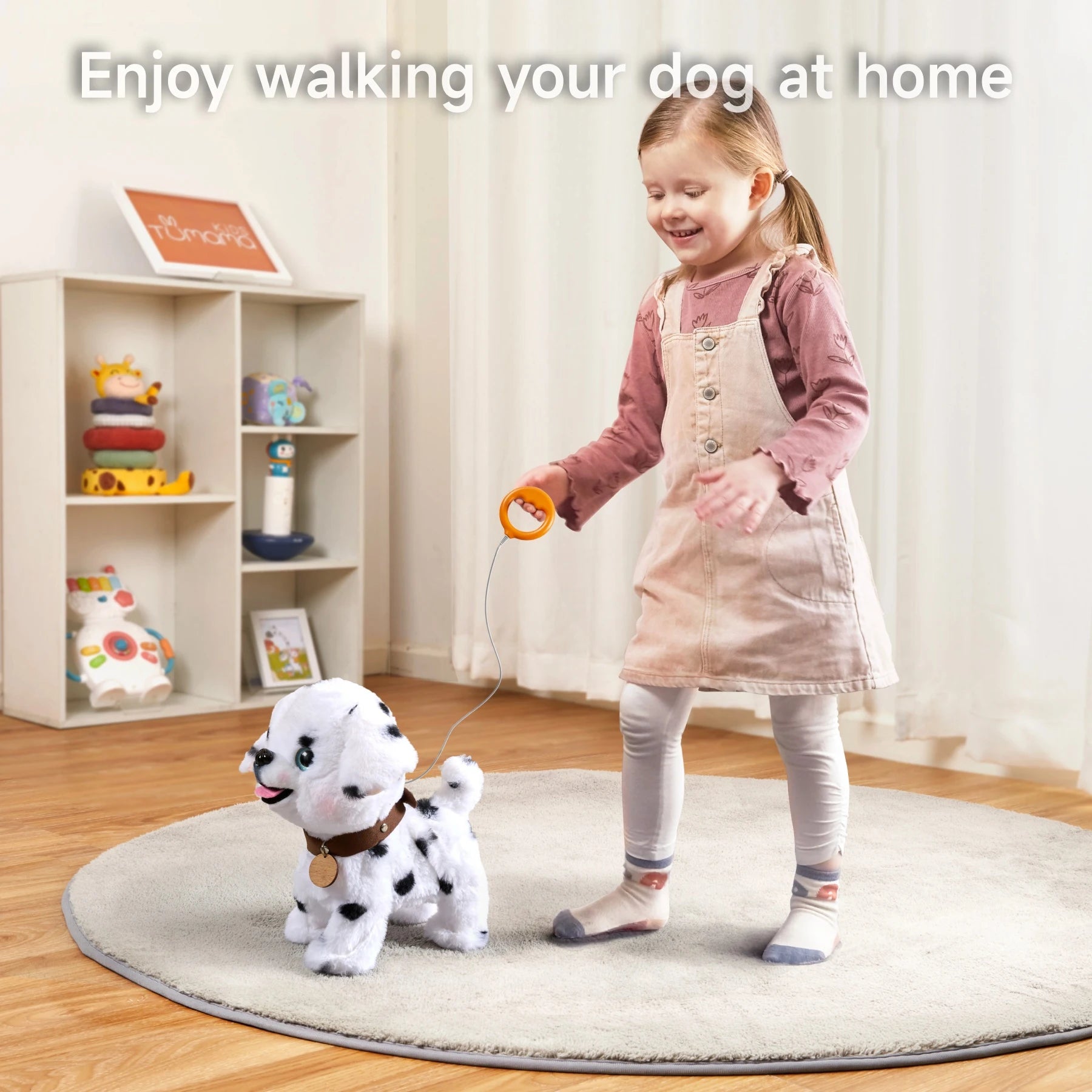 A young girl happily guiding an interactive walking puppy toy with a leash remote in a cozy indoor setting. The puppy wags its tail and mimics a real dog’s movements.