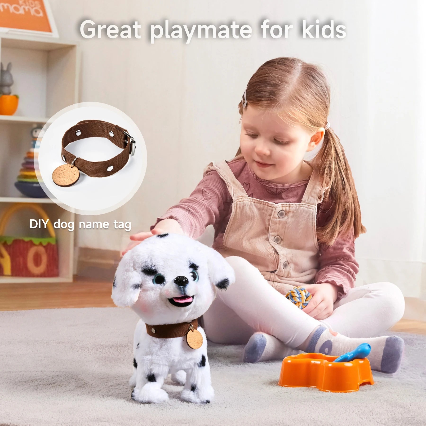 A young girl playing with an interactive puppy toy. The set includes a customizable collar with a DIY name tag, a food bowl, chew bone, and rope ball, making it a great companion for kids.