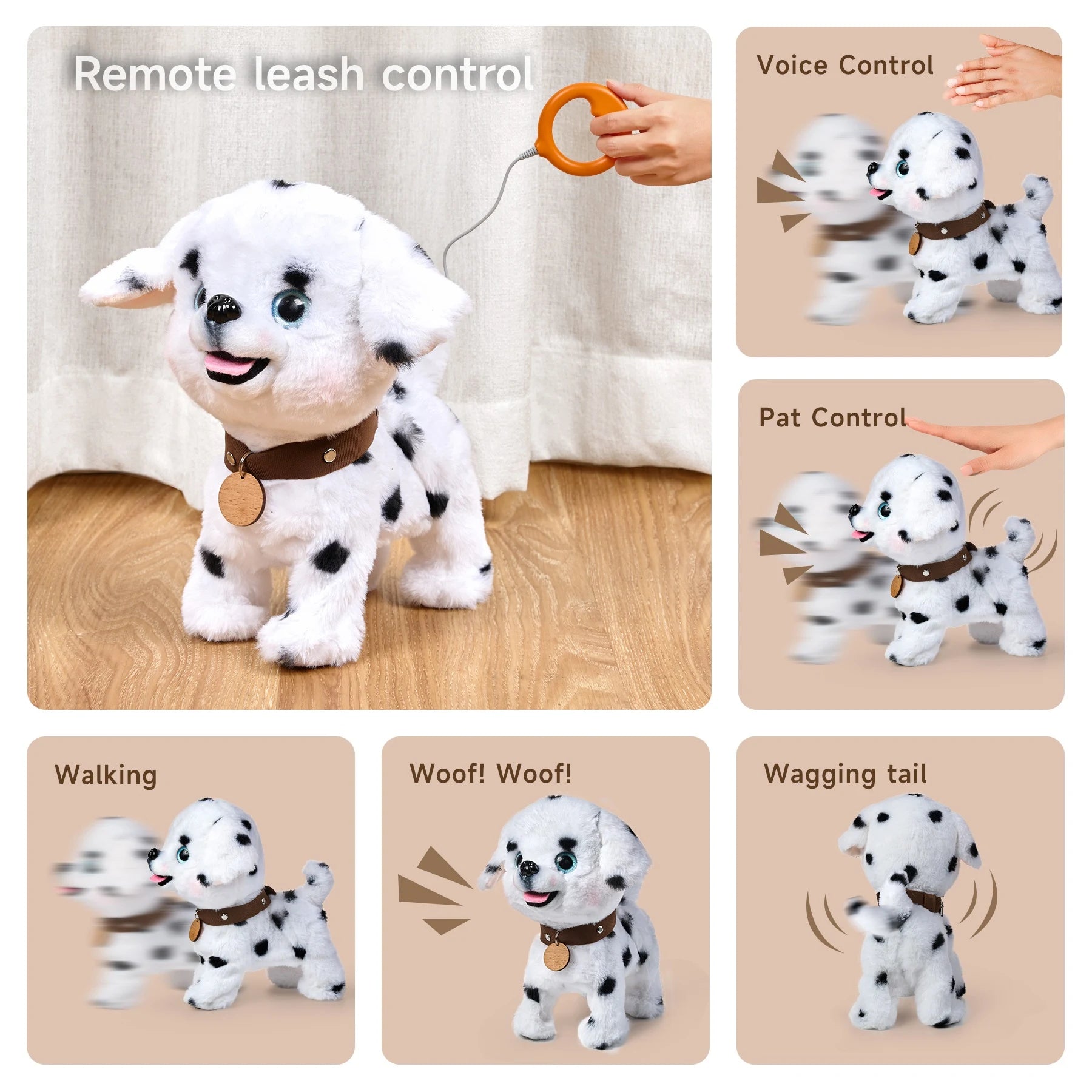 Interactive puppy toy showcasing its features: remote leash control for walking, voice control for barking, pat control for actions, wagging tail, and realistic movements, making it an engaging toy for kids.