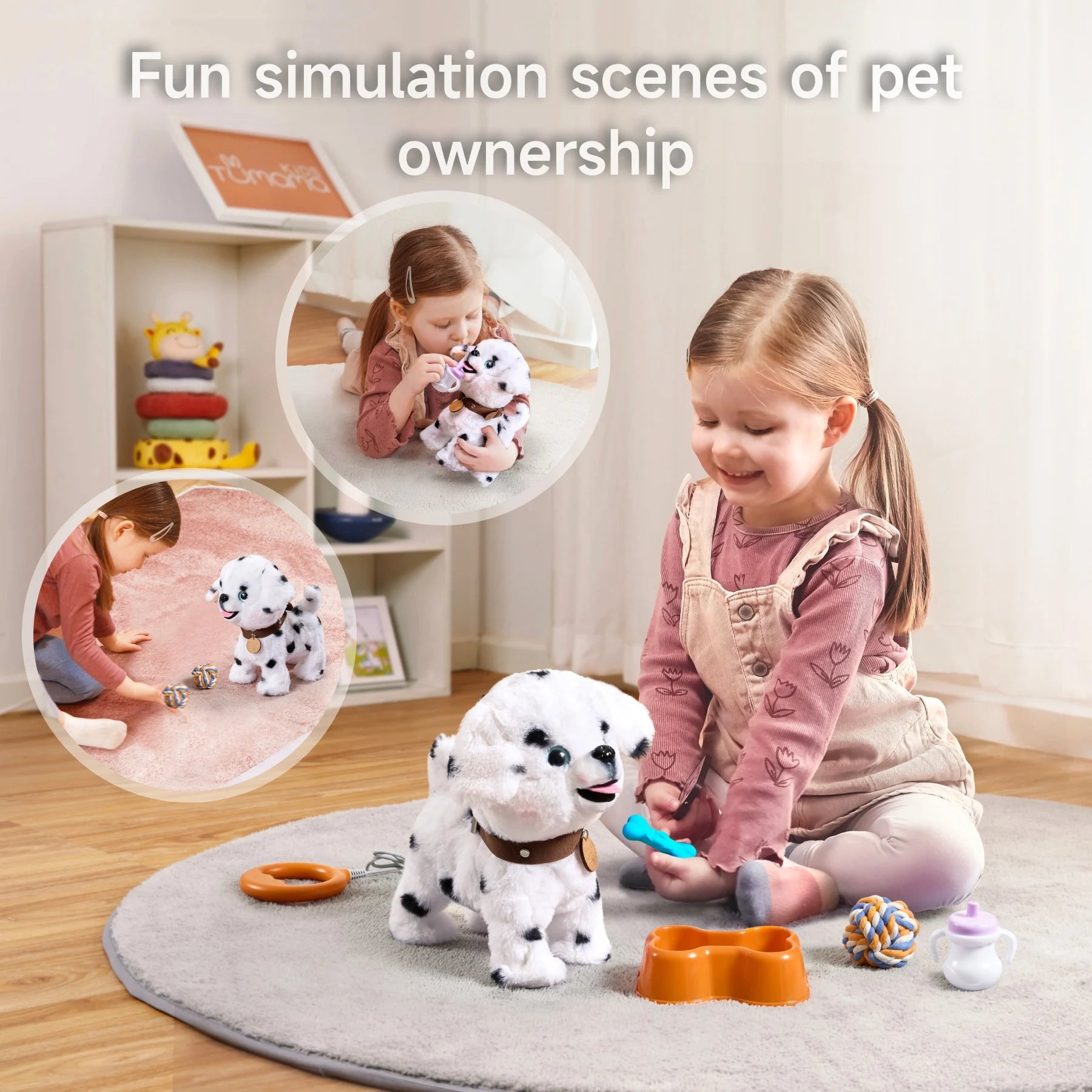 A young girl playing with an interactive puppy toy while feeding it a chew bone and playing with included accessories like a food bowl, milk bottle, and rope ball. Insets show additional pet care simulation scenes.