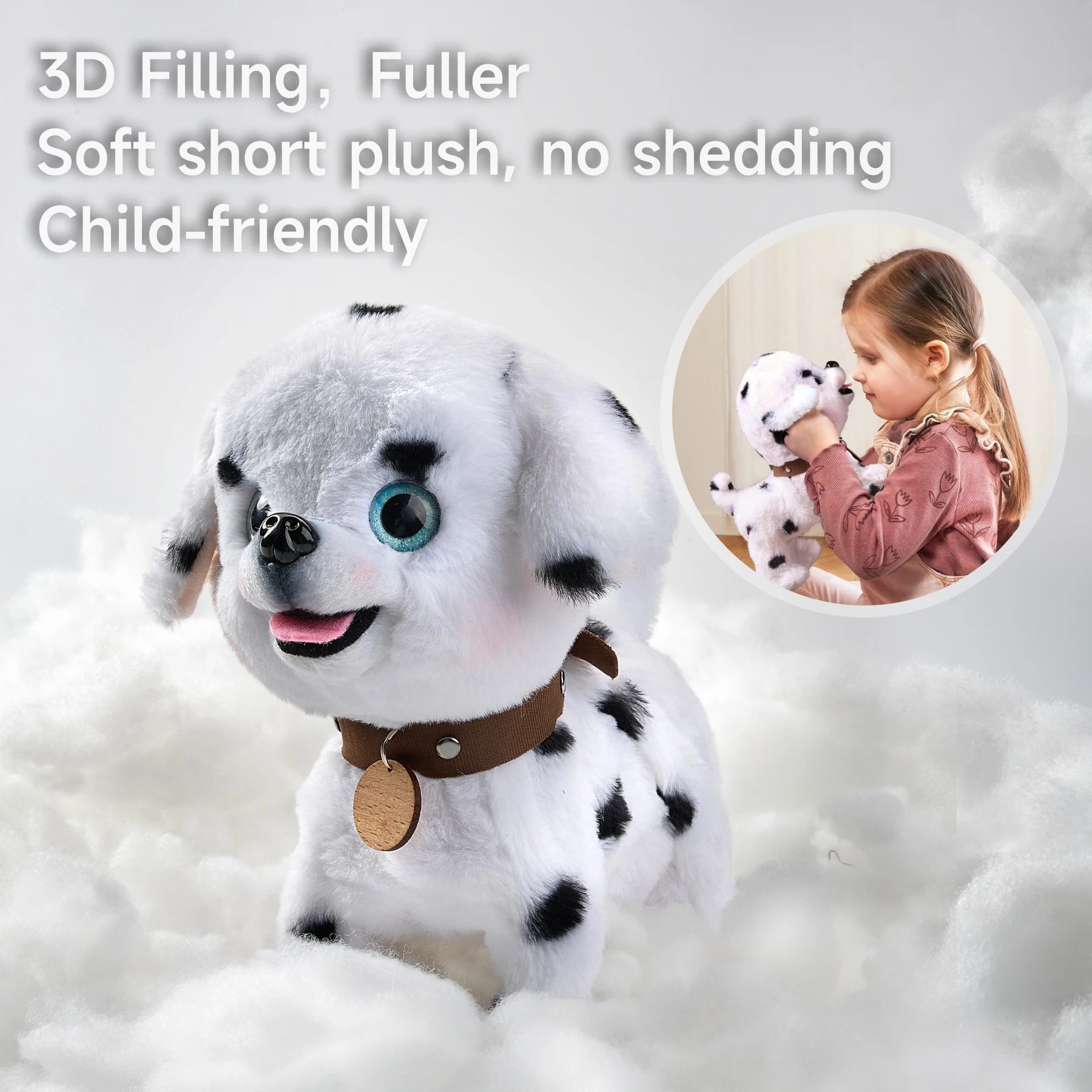 Interactive puppy toy with soft, plush fur and 3D filling, designed for comfort and safety. A child cuddles the puppy in an inset, highlighting its child-friendly design.