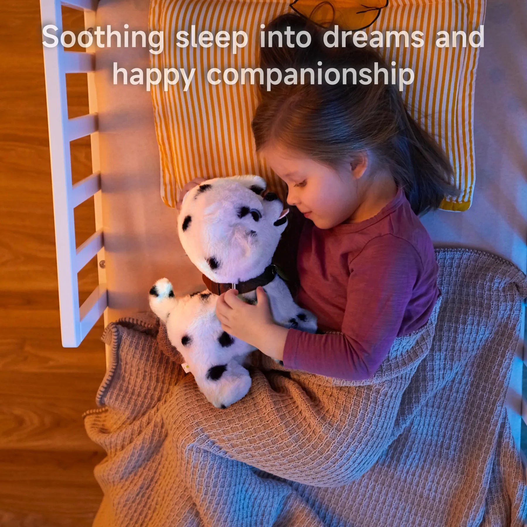 A young girl peacefully sleeping in her bed, holding her interactive puppy toy close as a comforting bedtime companion.