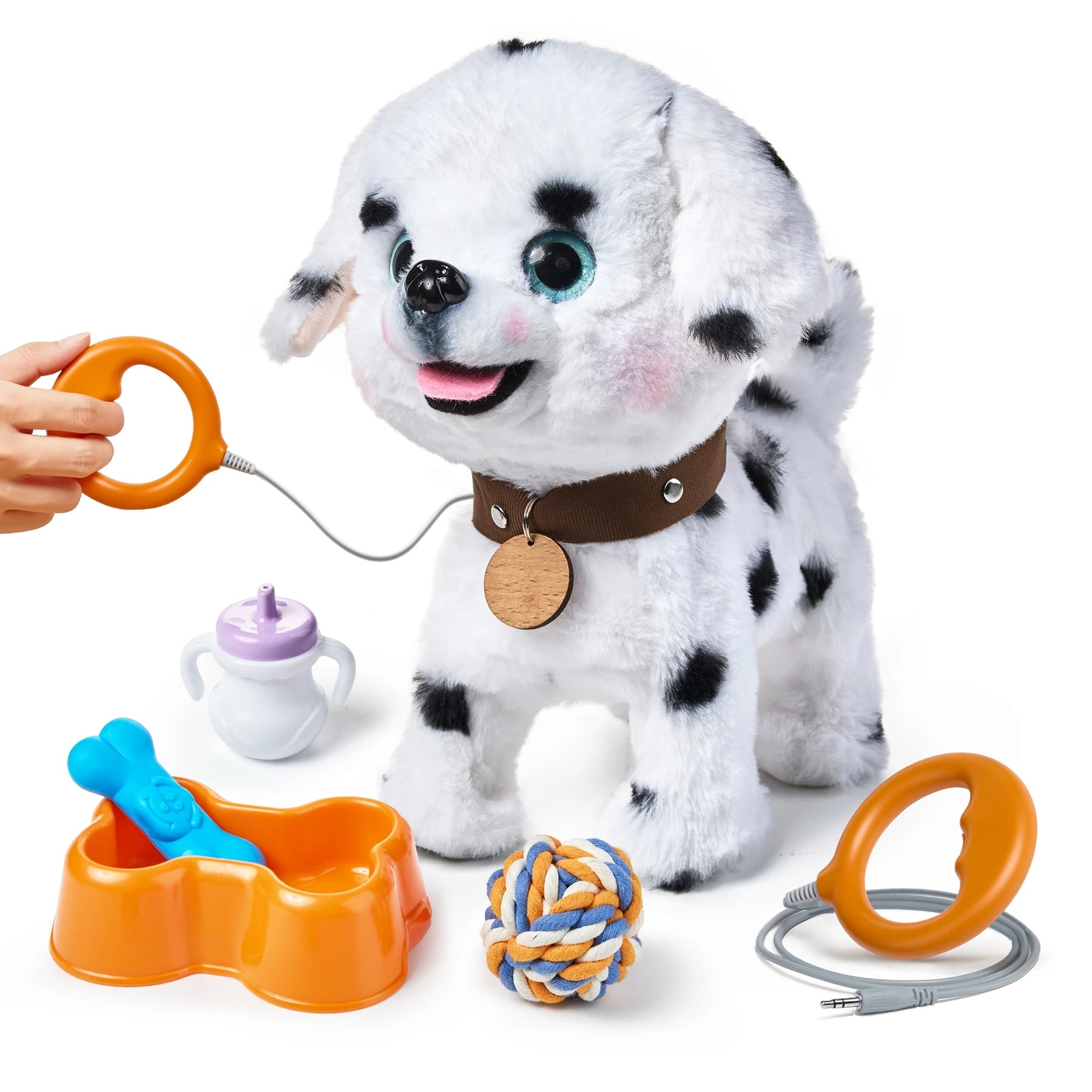 Interactive walking puppy toy with a leash remote, orange food bowl, blue chew bone, milk bottle, and colorful rope ball, providing a complete playtime set for kids.