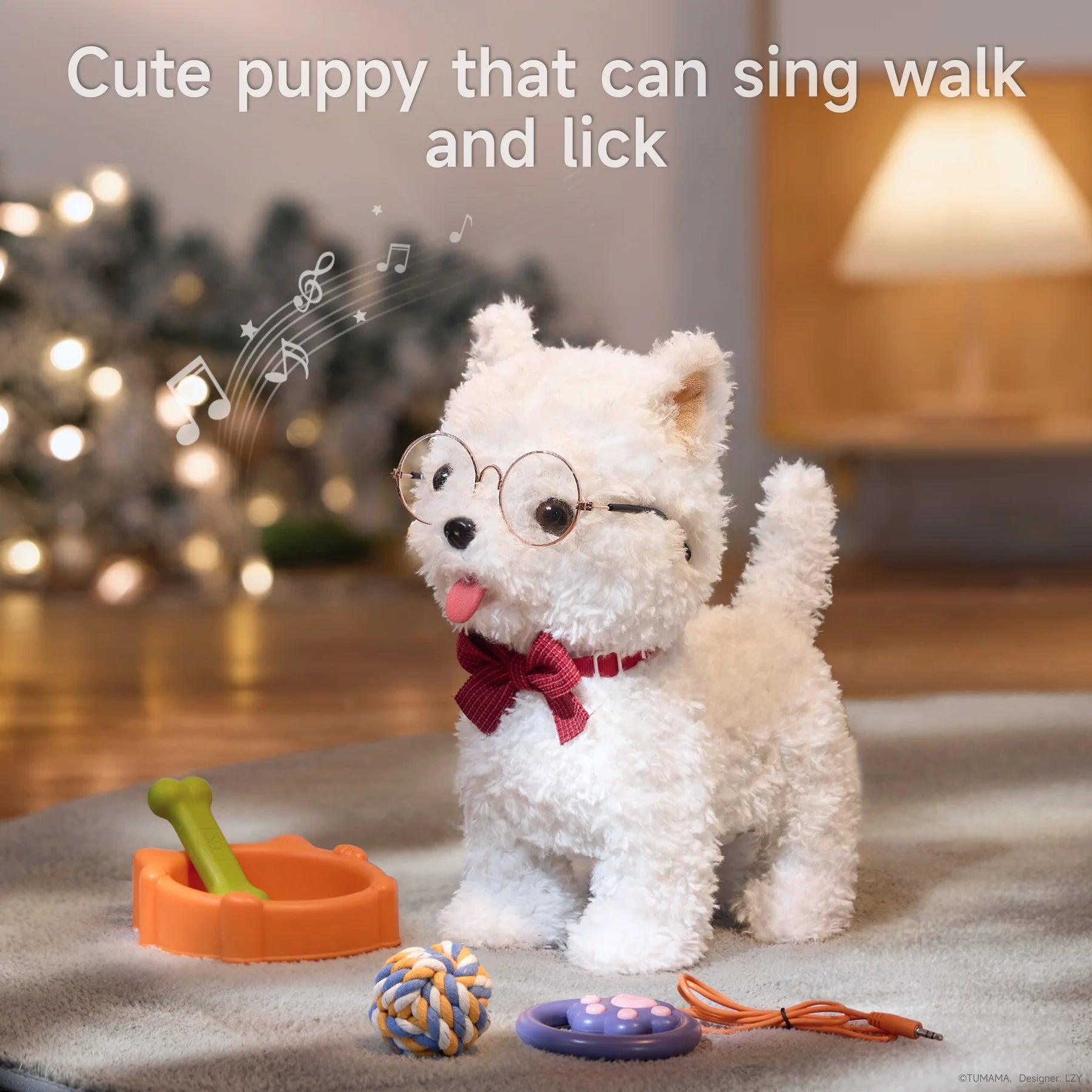 A white plush puppy toy wearing glasses and a red bowtie, surrounded by its accessories: an orange food bowl with a green bone, a colorful rope ball, and a purple leash remote. The toy is interactive, capable of singing, walking, and licking. Musical notes float around, adding a playful vibe.