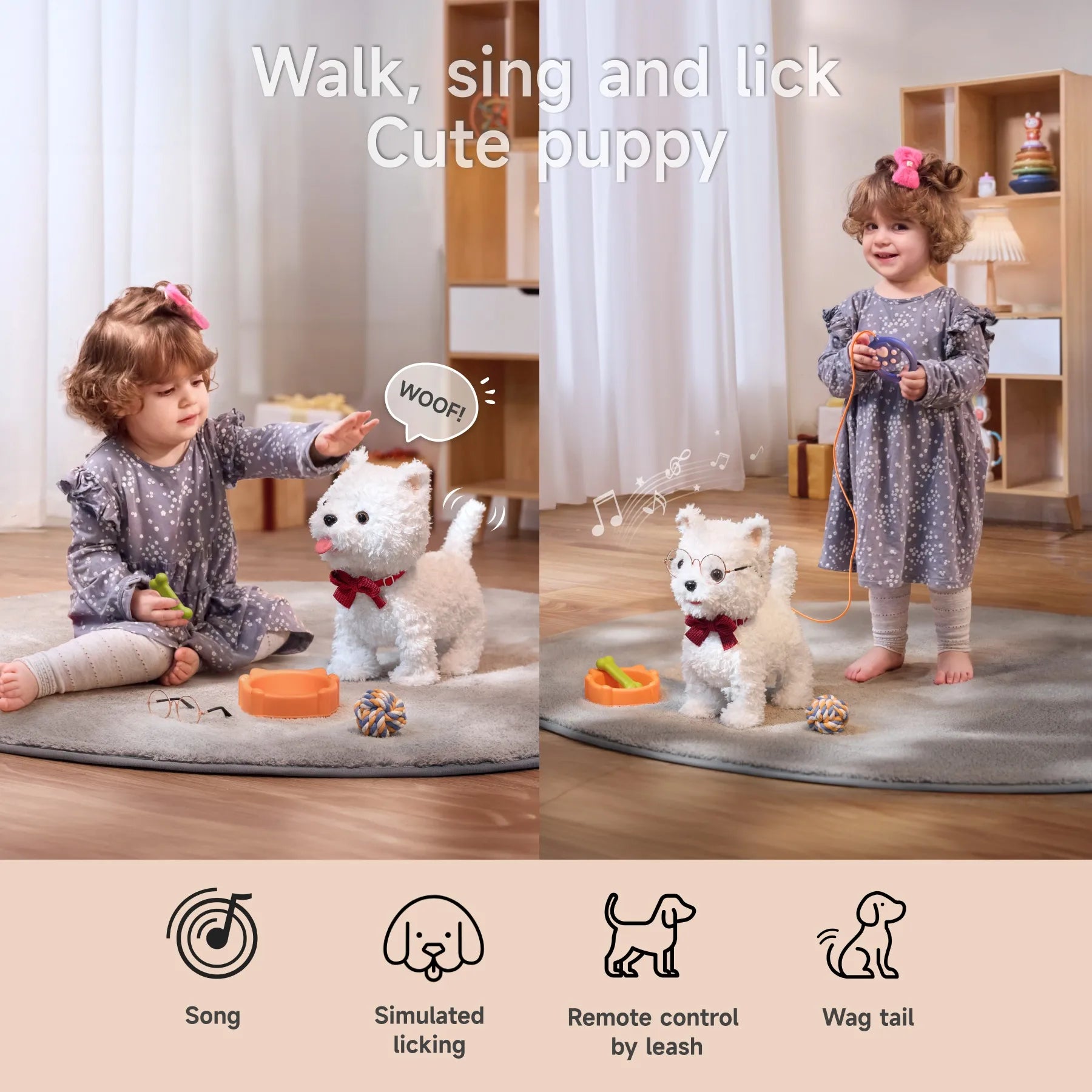 Two images of a child playing with a white plush puppy toy wearing a red bowtie. The toy can bark, sing, wag its tail, and simulate licking. The child interacts with the toy using a leash remote and accessories like a food bowl and rope ball. Icons below highlight the toy's features: singing, simulated licking, remote leash control, and tail wagging.