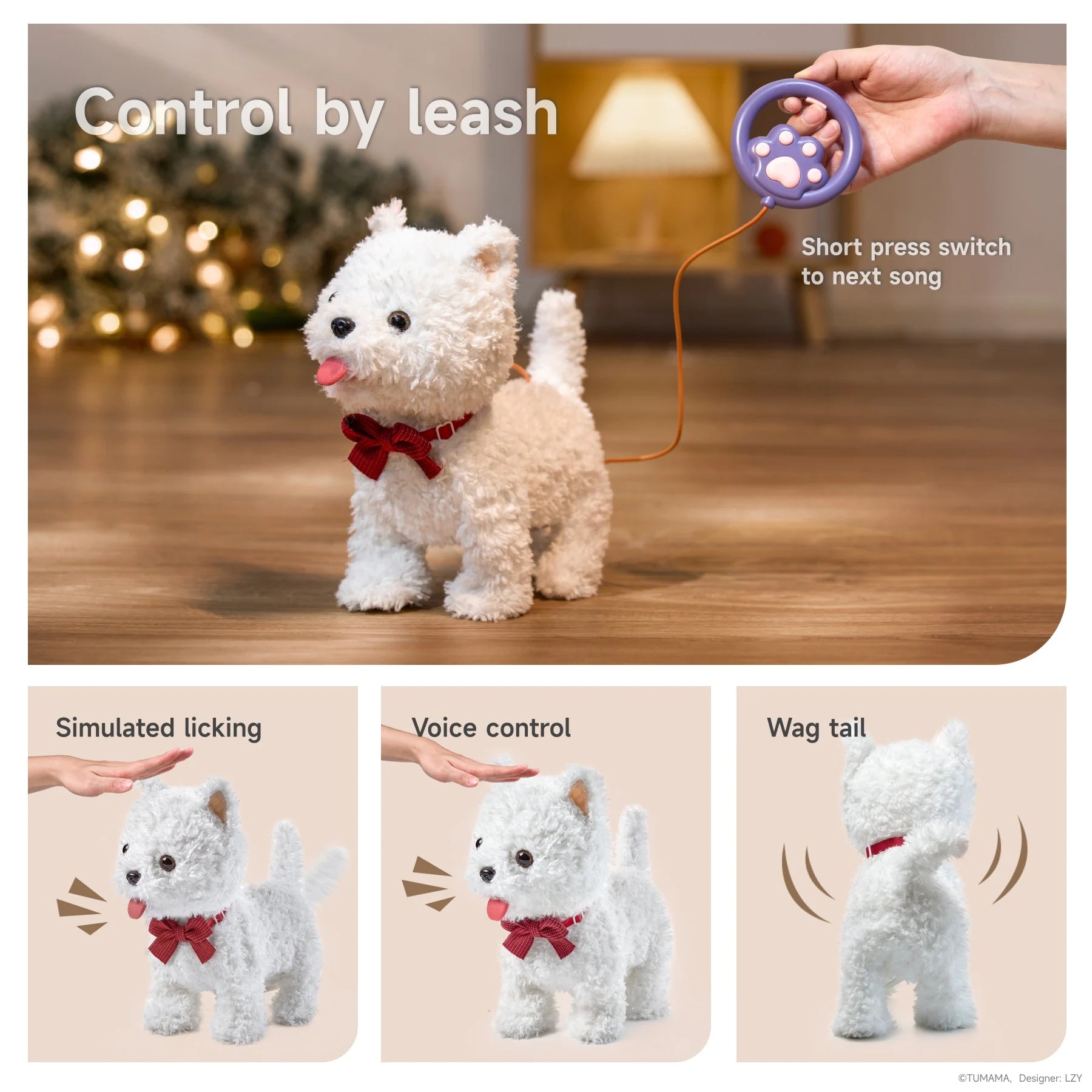 A white plush puppy toy wearing a red bowtie, controlled by a purple leash remote. The toy can wag its tail, simulate licking, respond to voice commands, and play songs through leash control. Three detailed images show the toy's simulated licking, voice activation, and tail-wagging features.