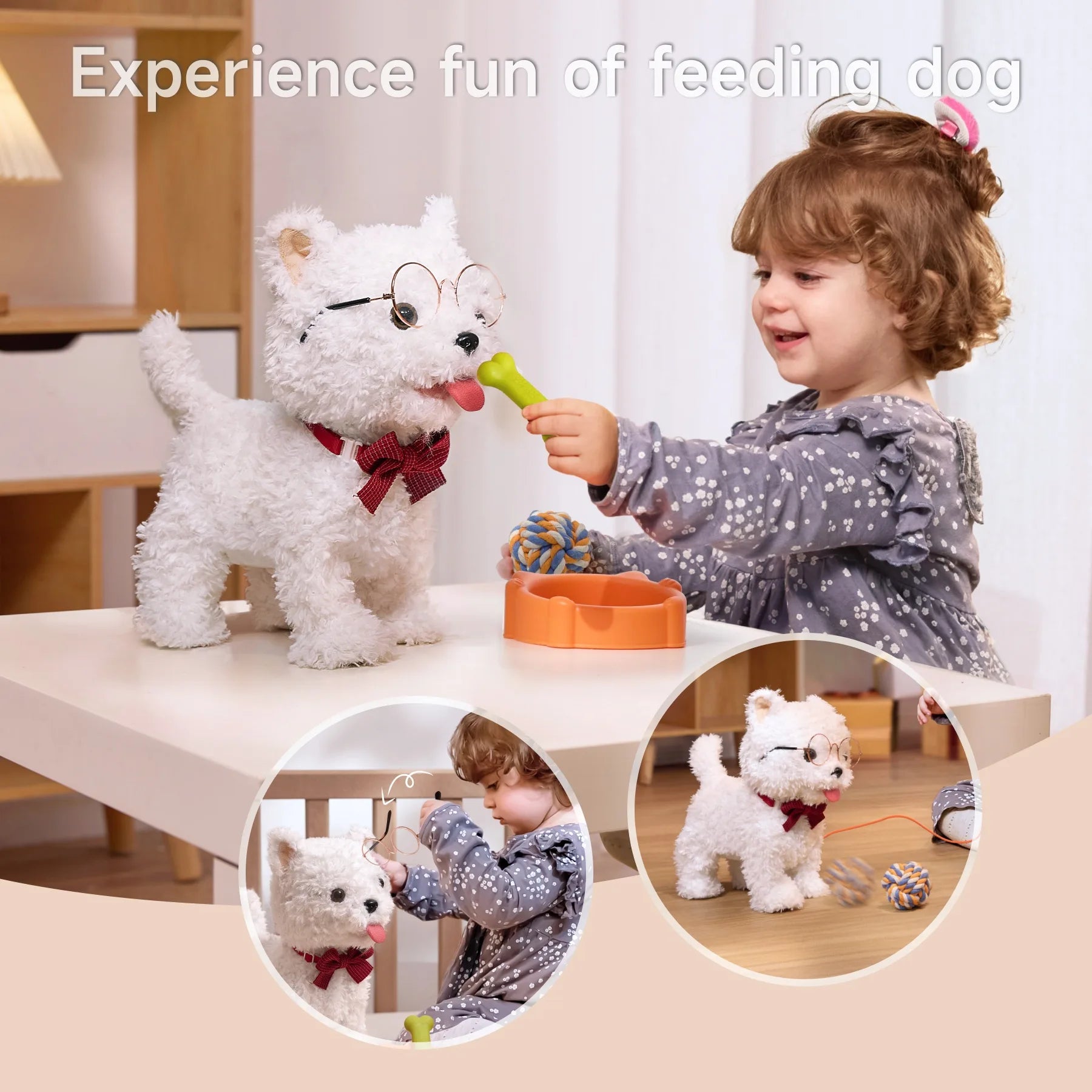 A child feeding a white plush walking dog toy wearing glasses and a red bowtie with a green toy bone. The puppy is accompanied by a food bowl and rope ball. Additional images show the child interacting with the toy using its leash and enjoying playtime with the puppy.