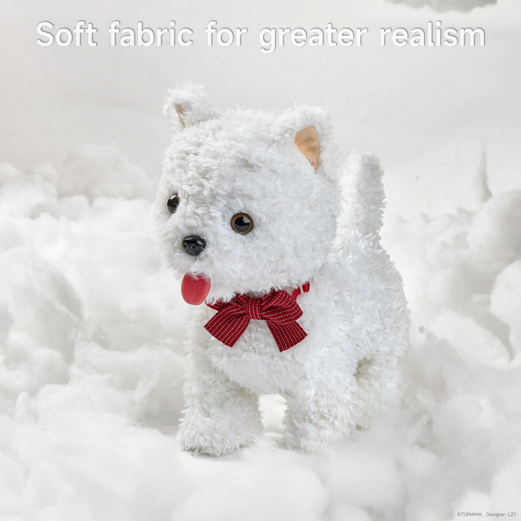 A white plush puppy toy with a soft, realistic texture, wearing a red bowtie and sticking out its tongue, placed against a snowy white background. The toy’s lifelike features make it a cuddly and interactive playmate.