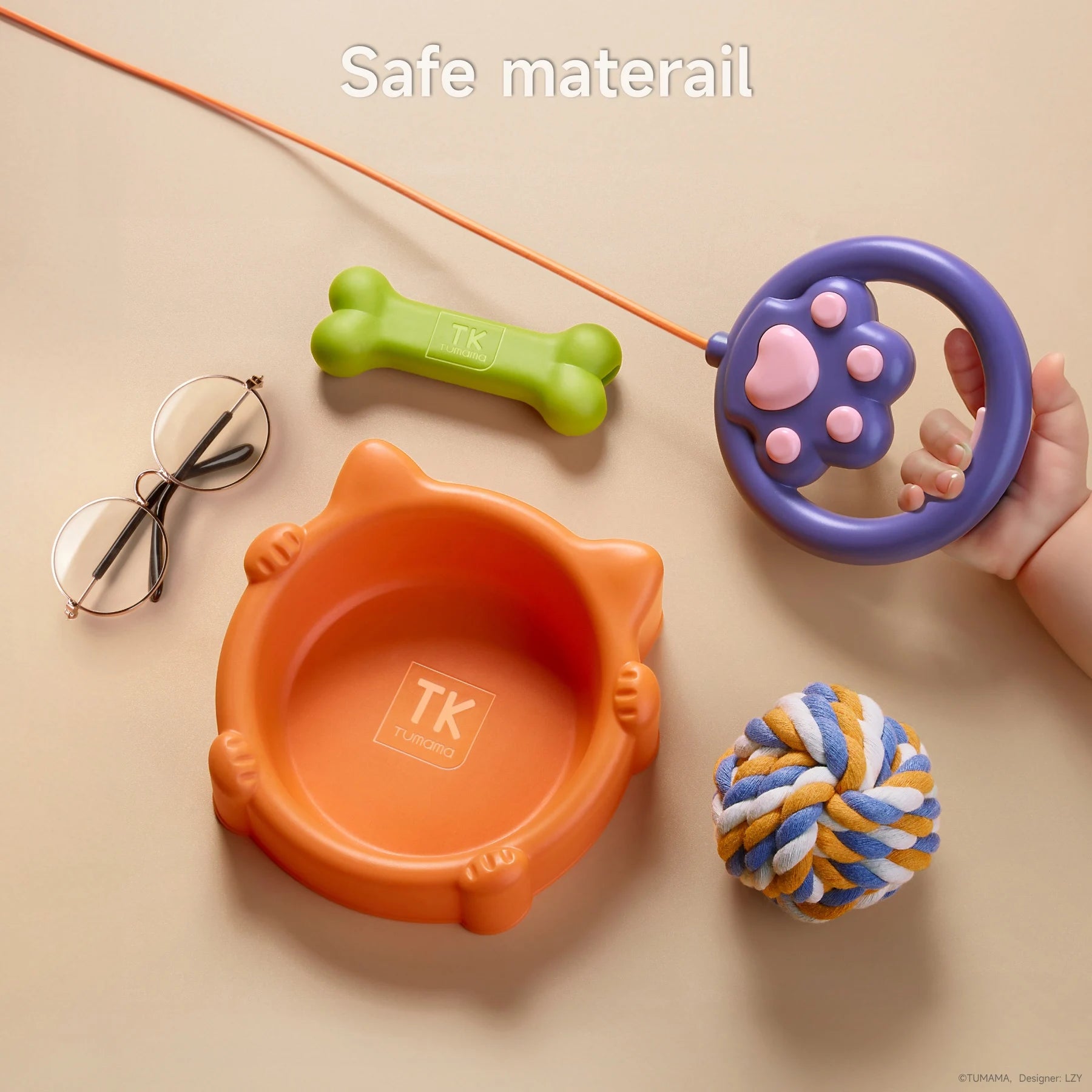 A set of accessories for the interactive plush puppy toy, including a bright orange food bowl, green toy bone, purple leash remote with a paw design, colorful rope ball, and toy glasses. All items are made from safe, child-friendly materials.