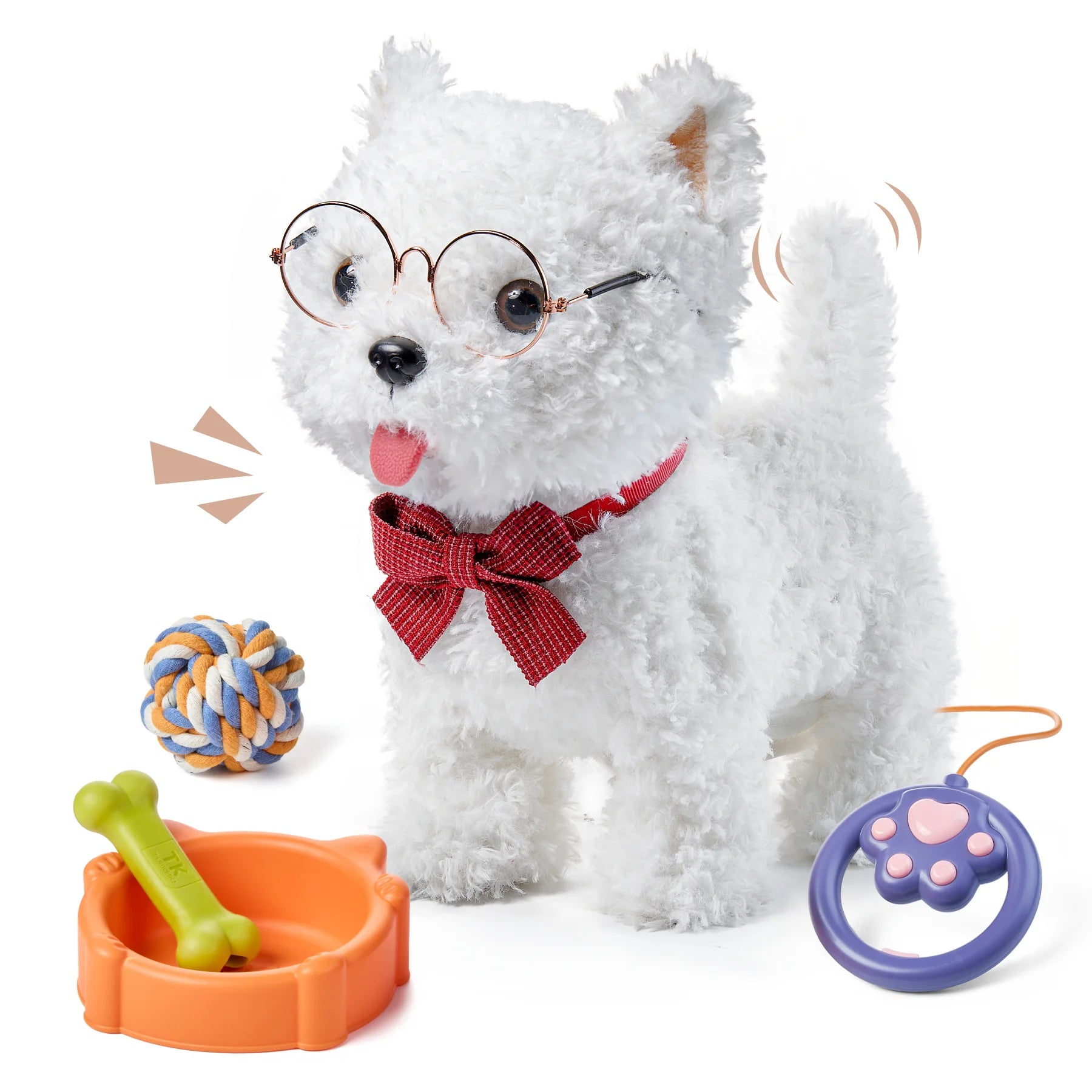 A white plush walikong puppy toy wearing a red bowtie and glasses, accompanied by a food bowl with a green bone, a colorful rope ball, and a purple remote leash. The toy features lifelike movements, such as tail wagging and barking.